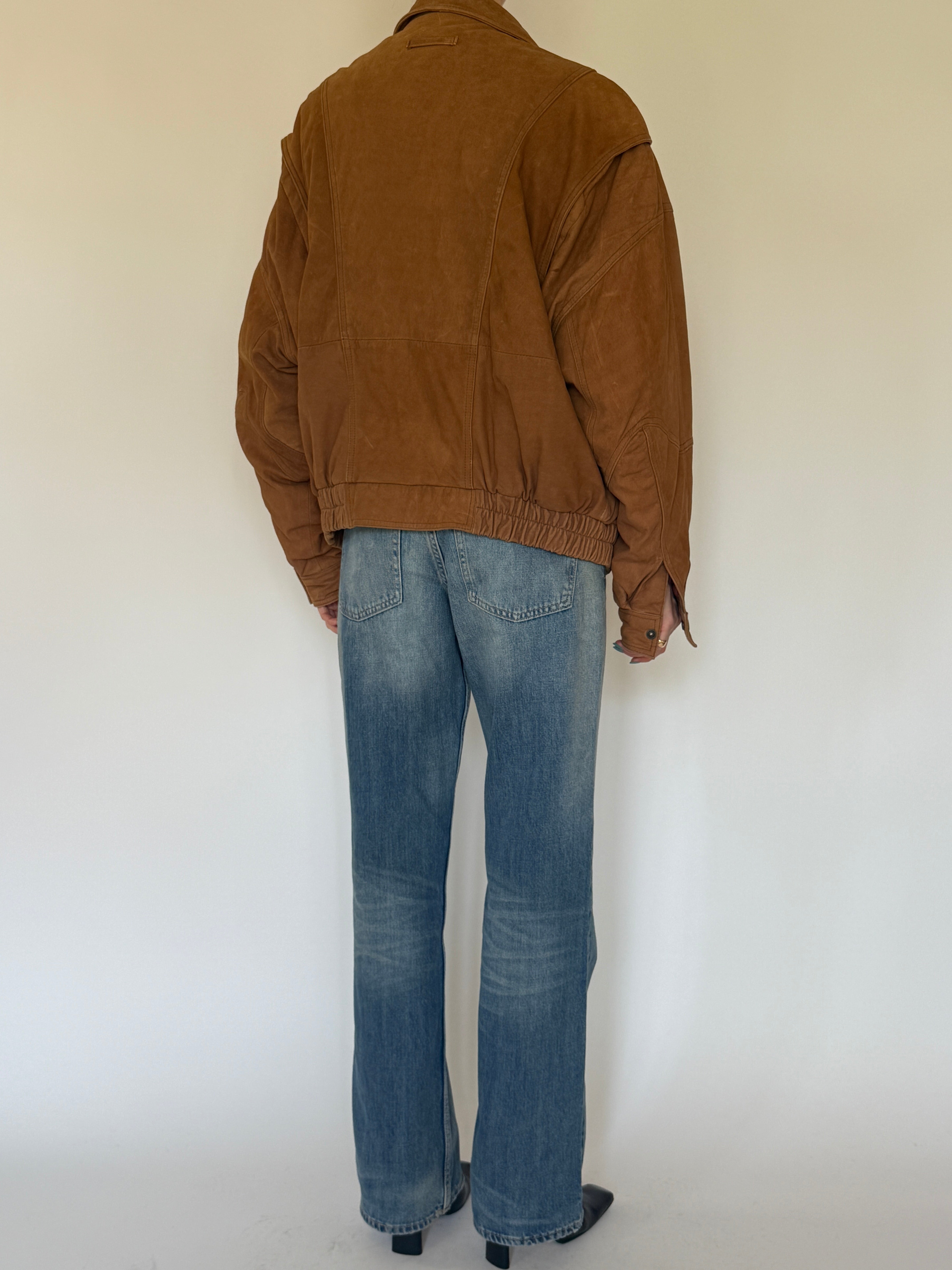 Vintage oversized cognac brown leather bomber jacket back view