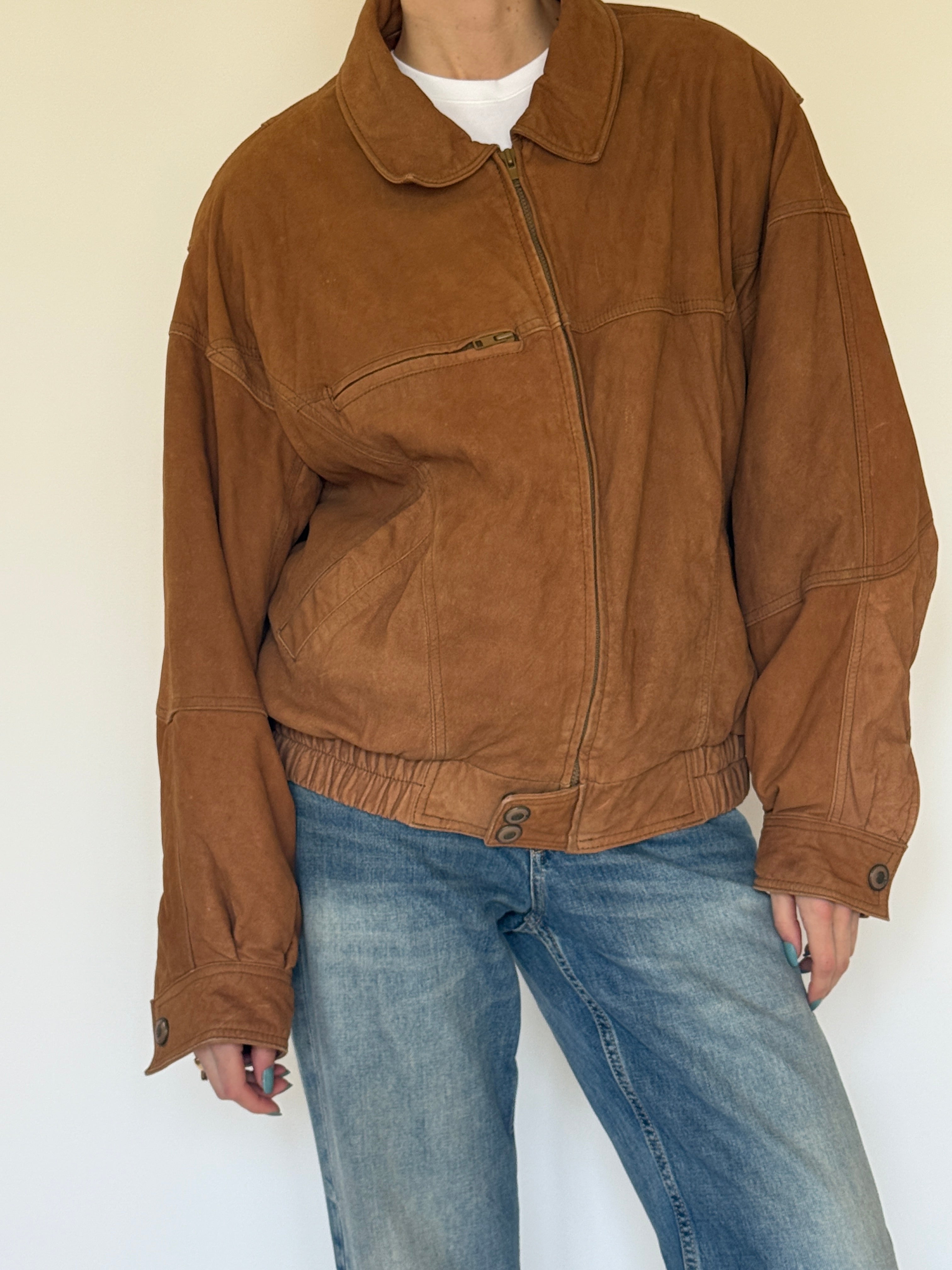 Vintage oversized cognac brown leather bomber jacket front view