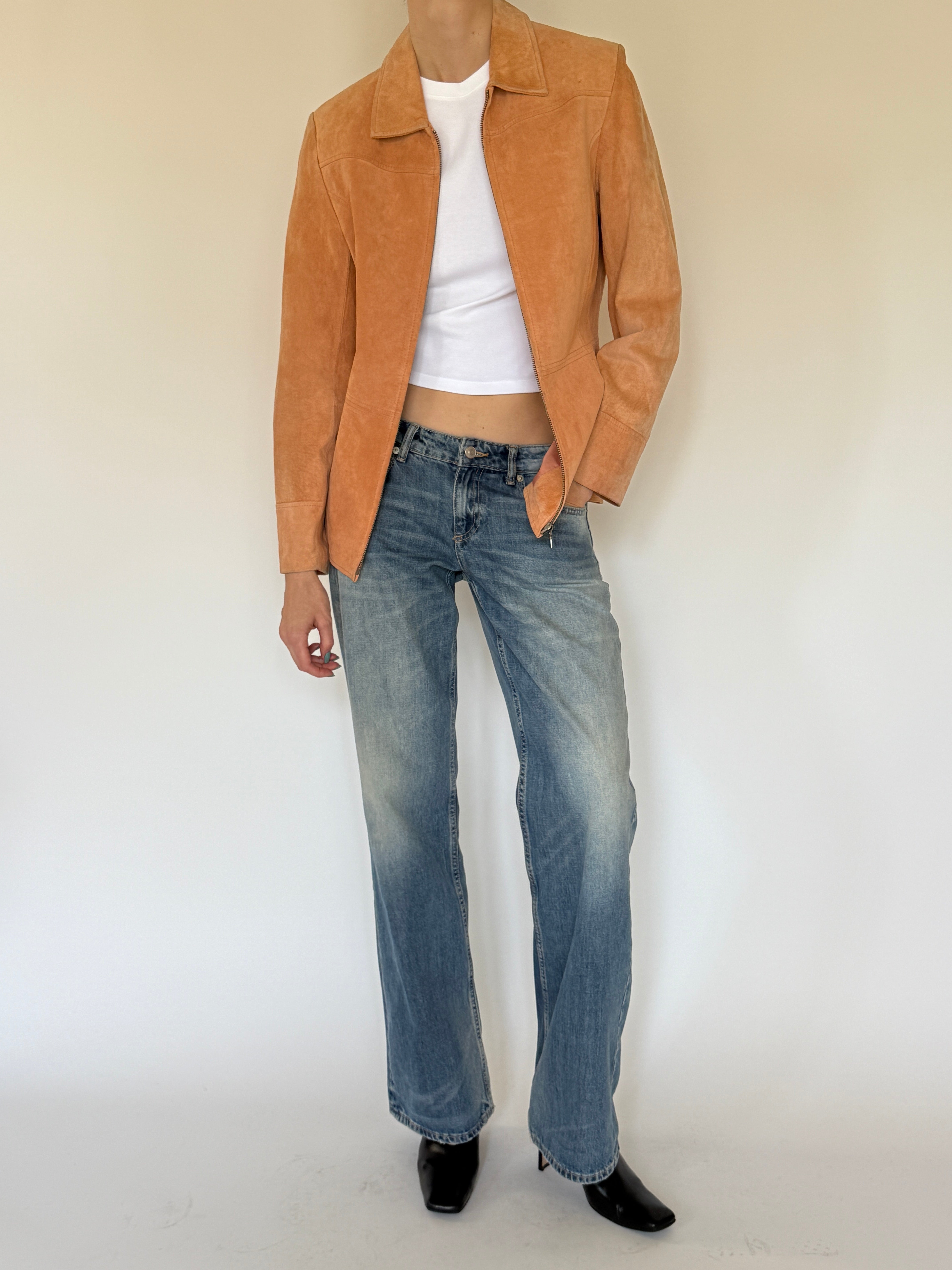 Vintage suede zip jacket front view apricot