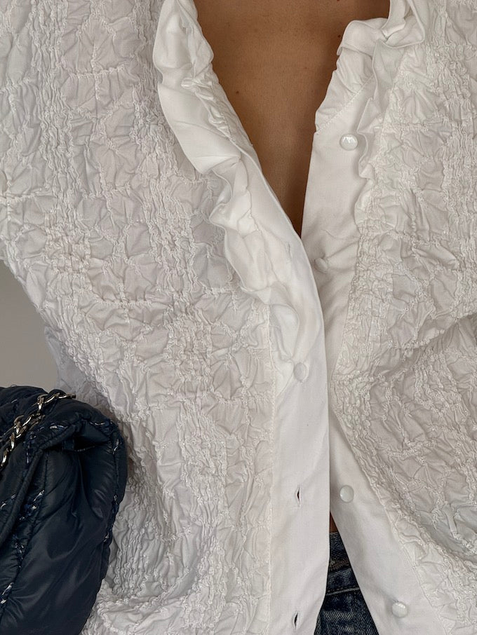Vintage White Ruffled Blouse with Texture Detailing 6564