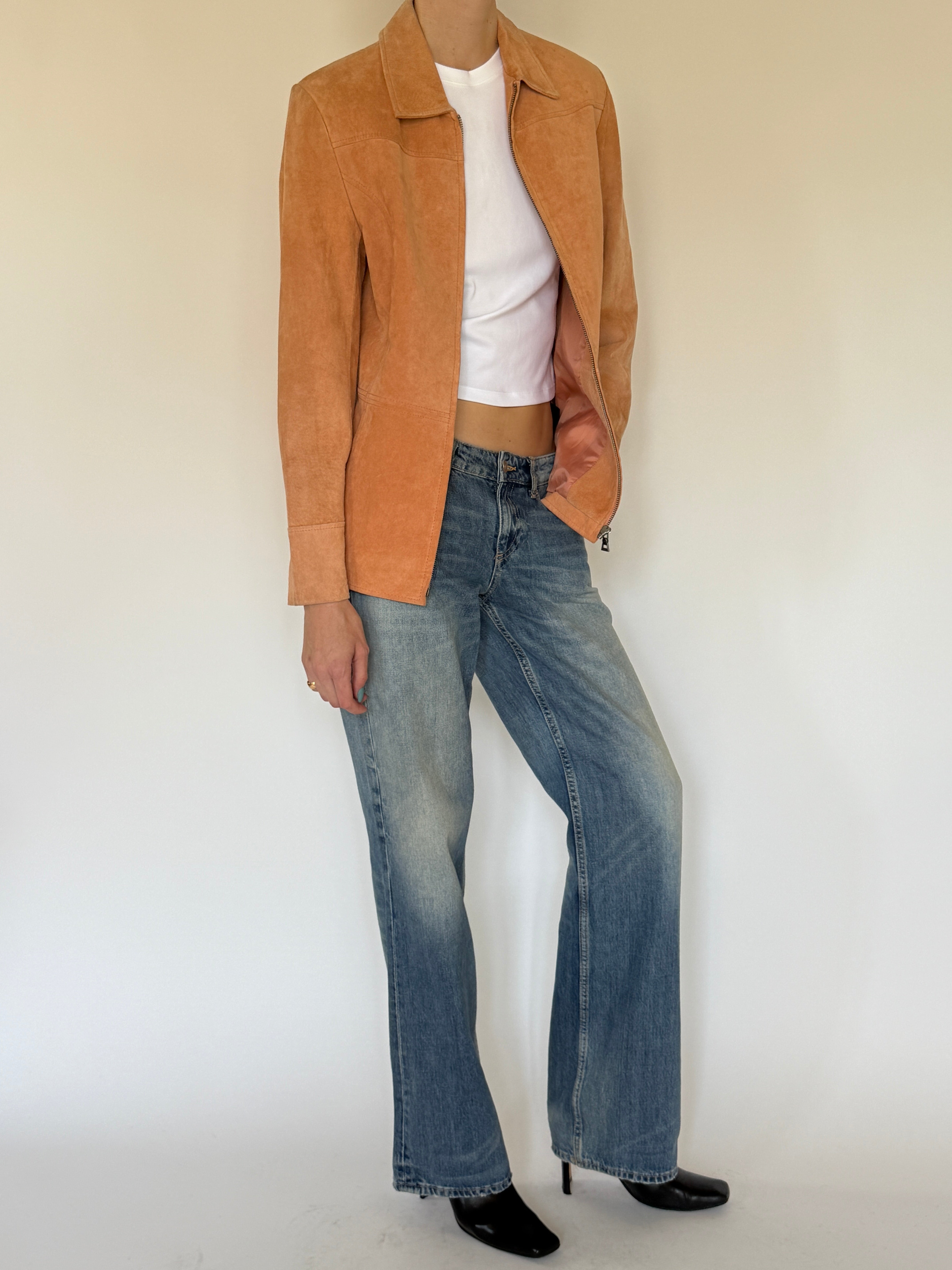 Vintage fitted suede jacket side view apricot