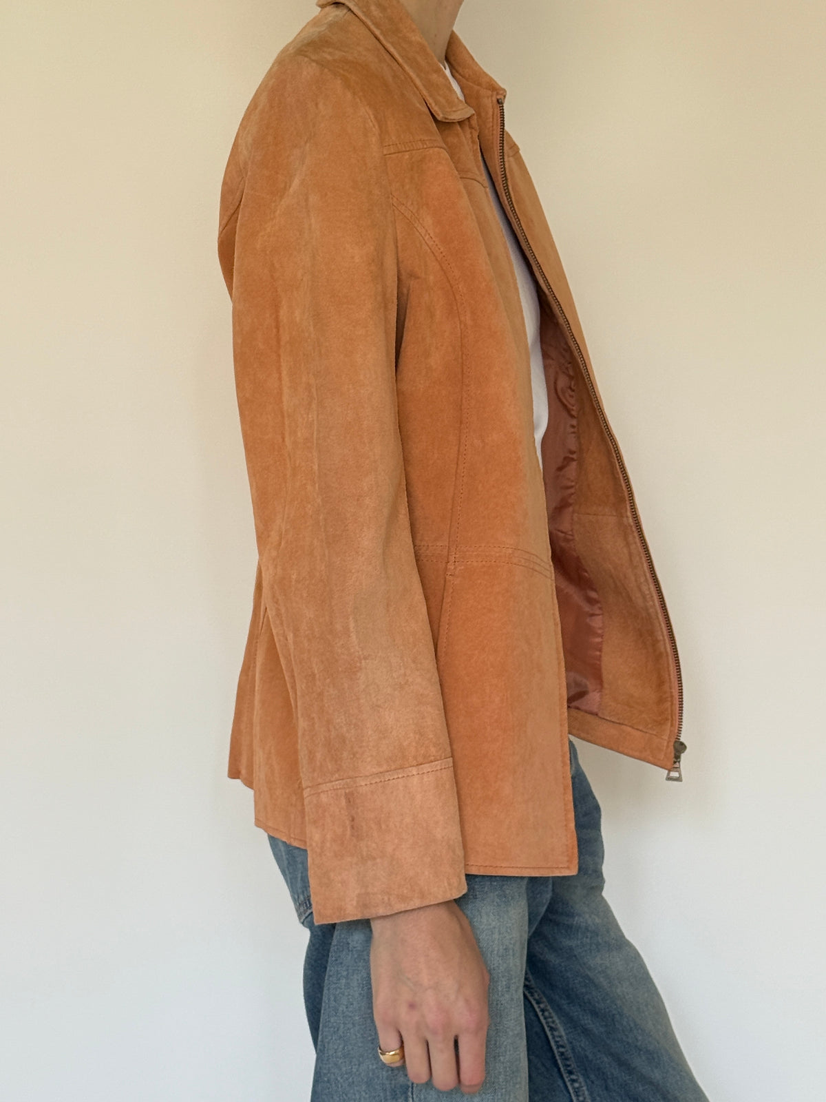 Vintage fitted suede jacket side view apricot