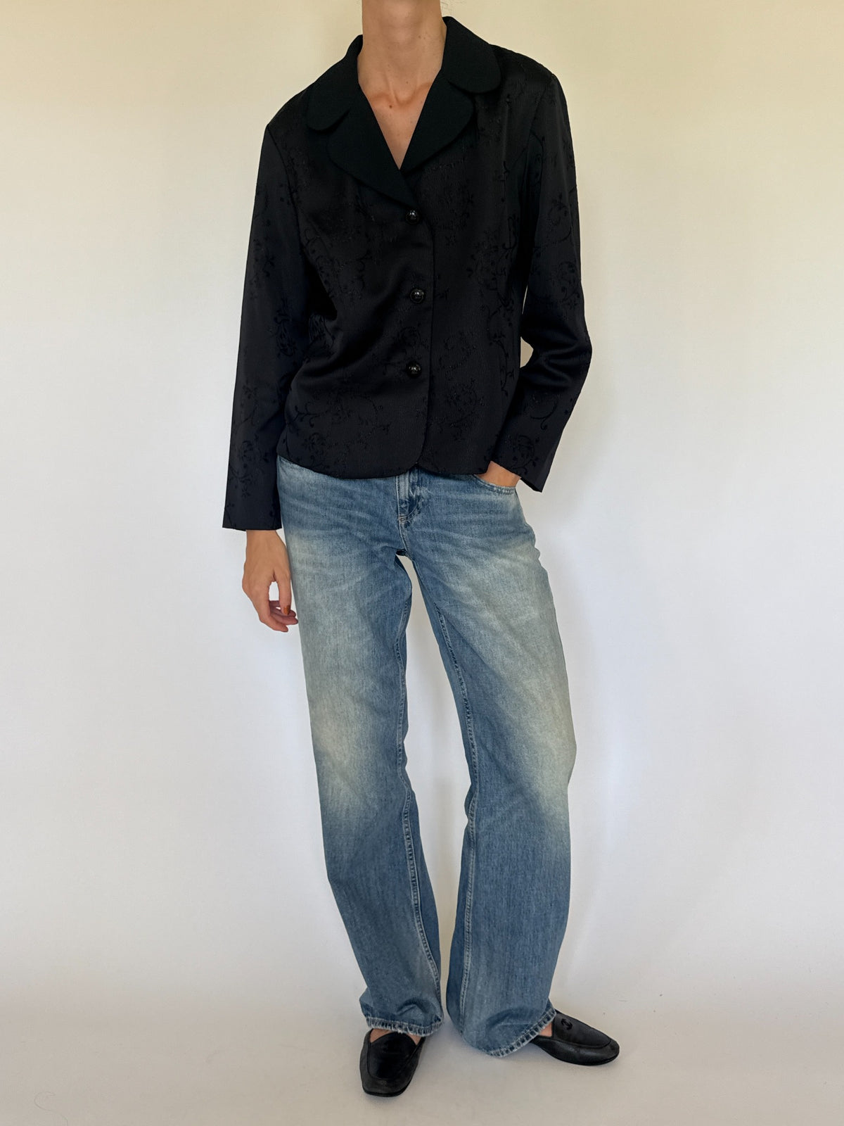 Vintage black tonal floral jacquard blazer side view