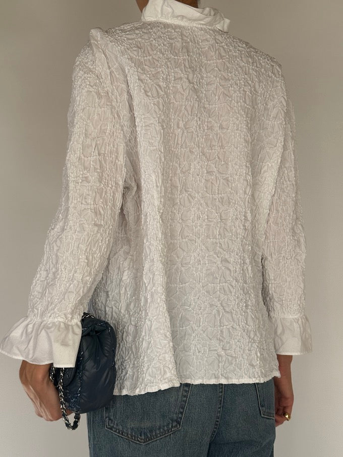 Vintage White Ruffled Blouse with Texture Detailing 6564