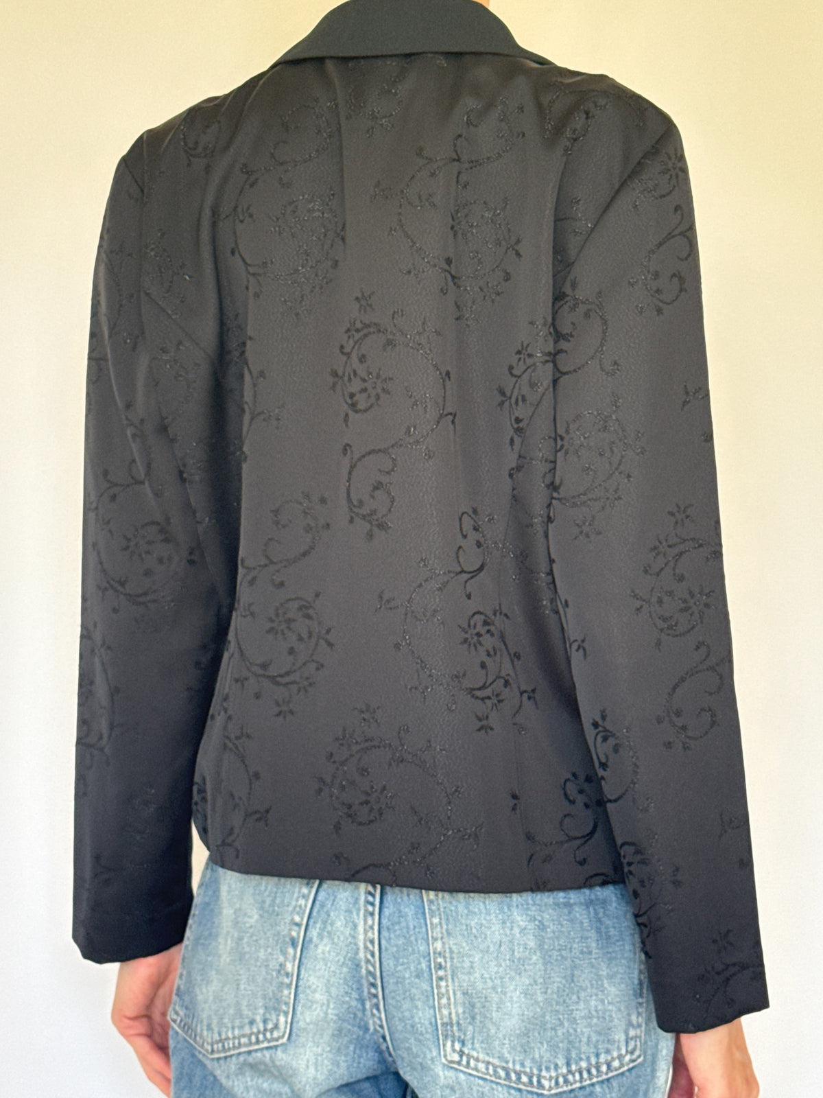 Vintage black tonal floral jacquard blazer back view