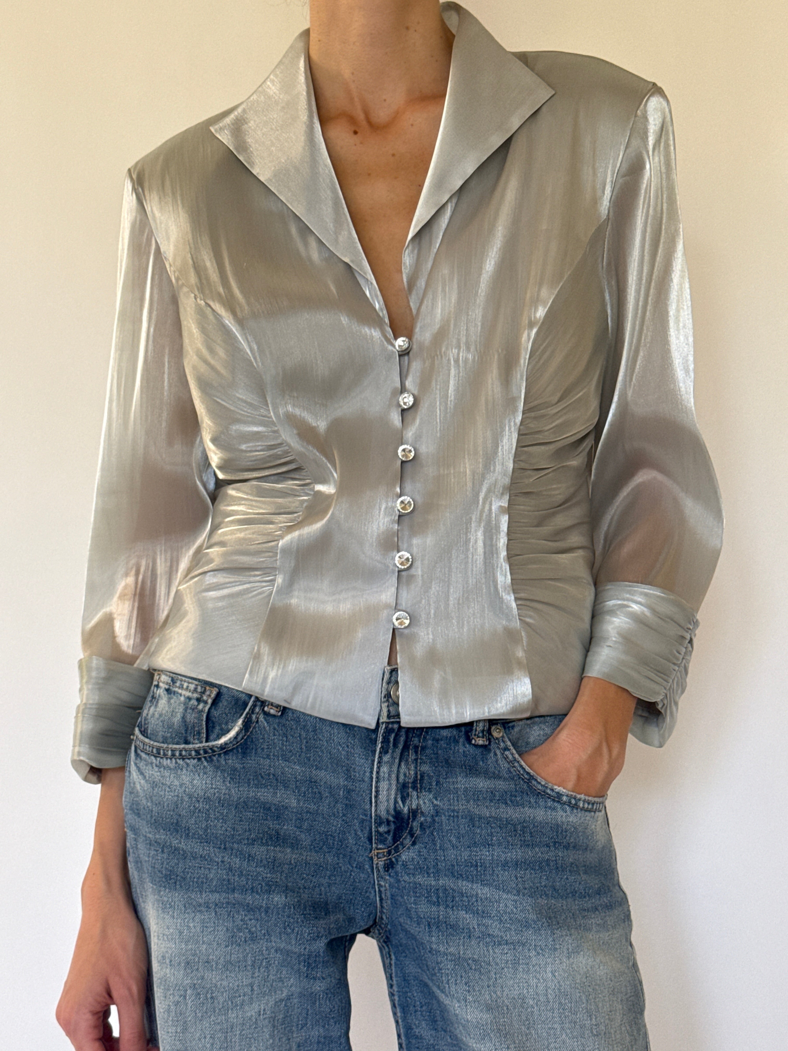 Vintage silver shimmer blouse front view