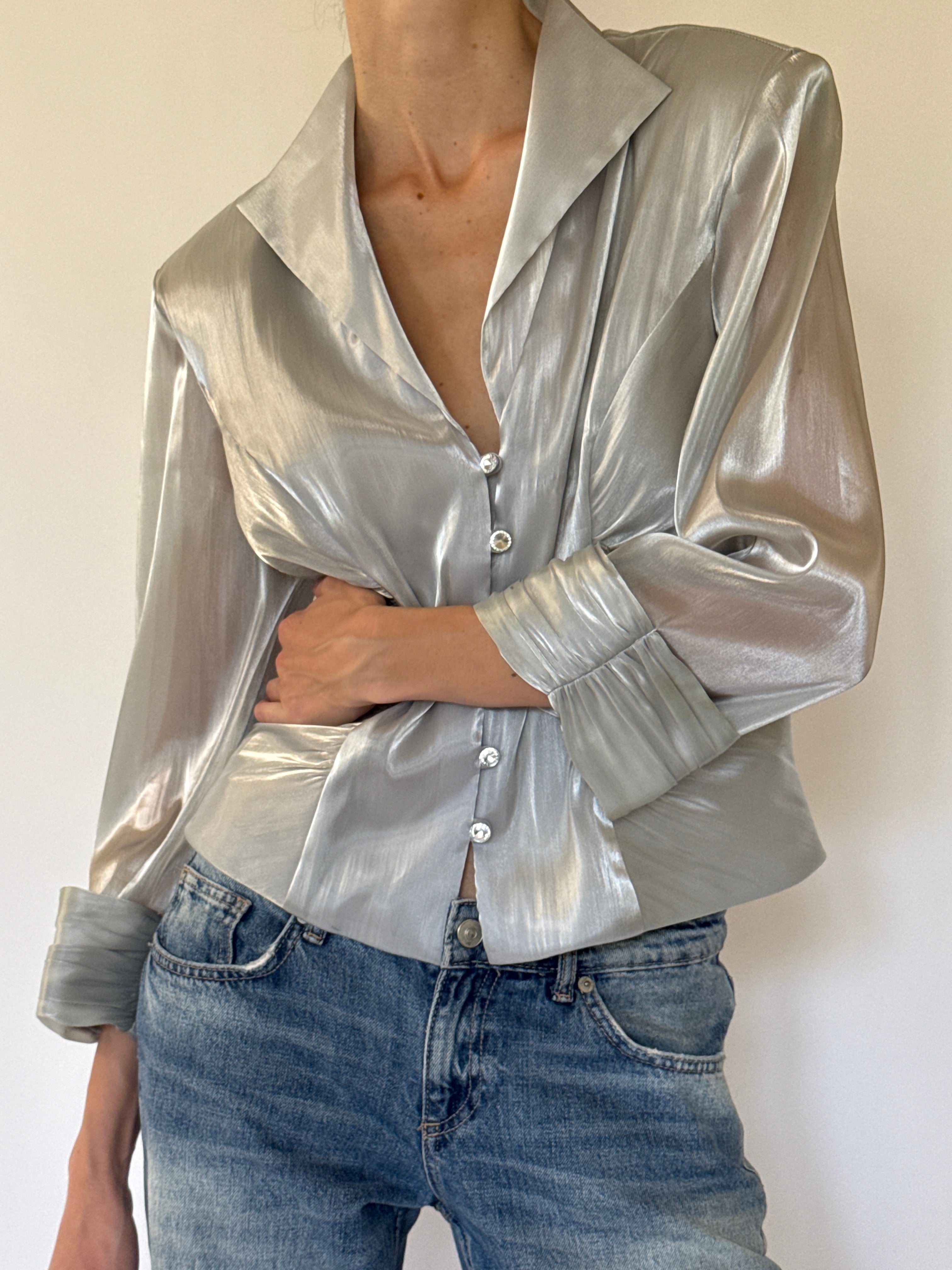 Vintage silver shimmer blouse front view