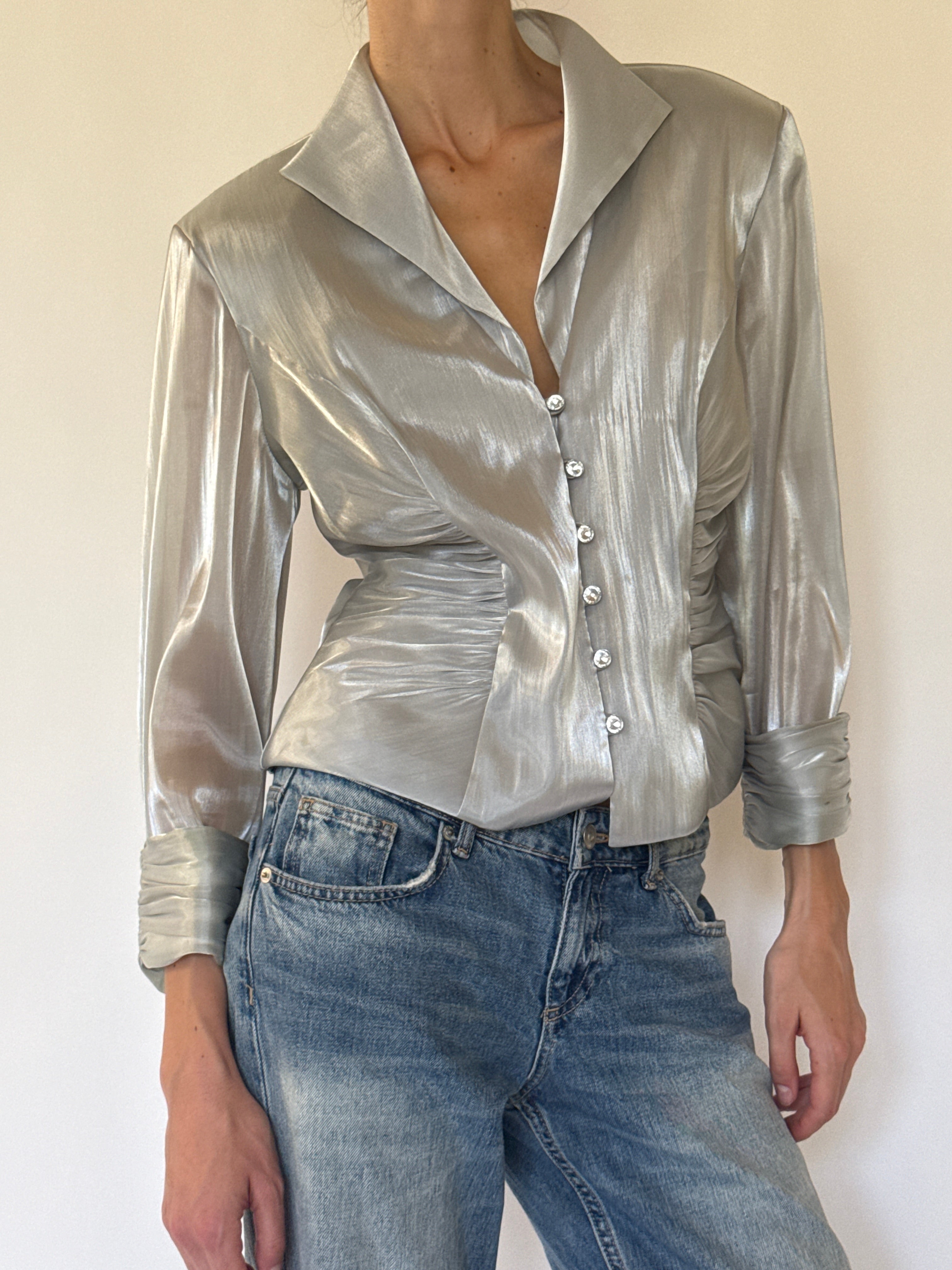Vintage silver shimmer blouse front view