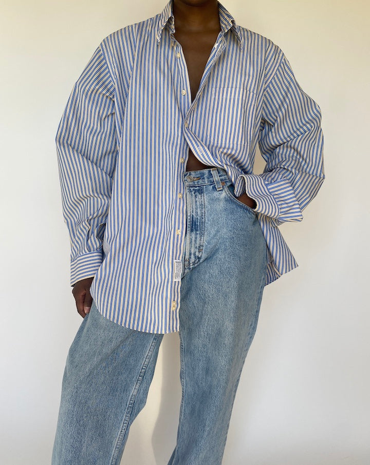 VINTAGE BLUE AND YELLOW STRIPED OVERSIZED SHIRT 3769
