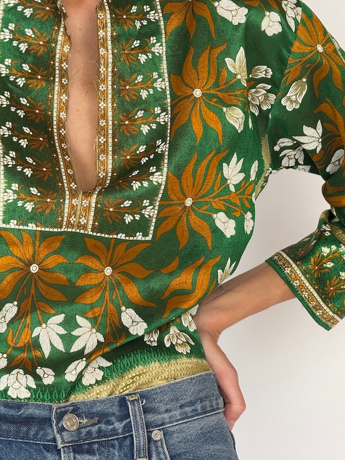 Vintage Patterned Top In Green 5835