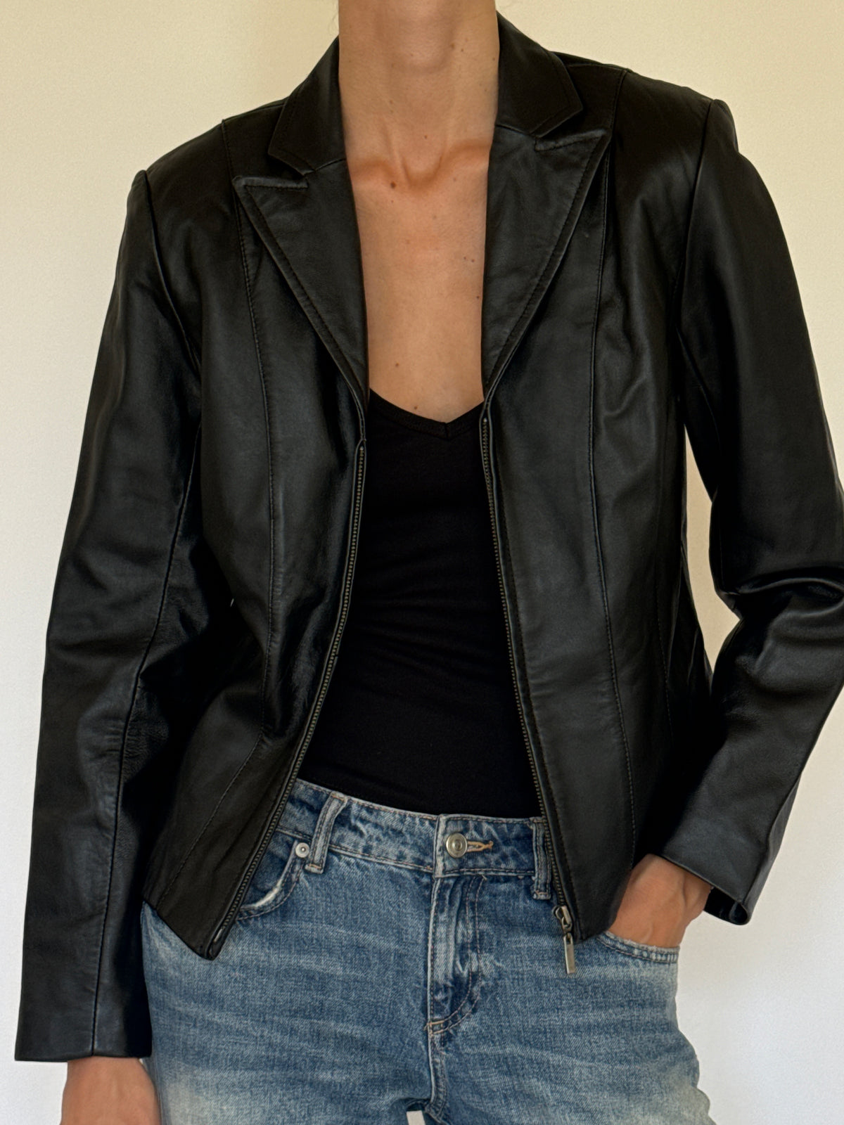 Vintage Leather Zip Jacket Black 7780