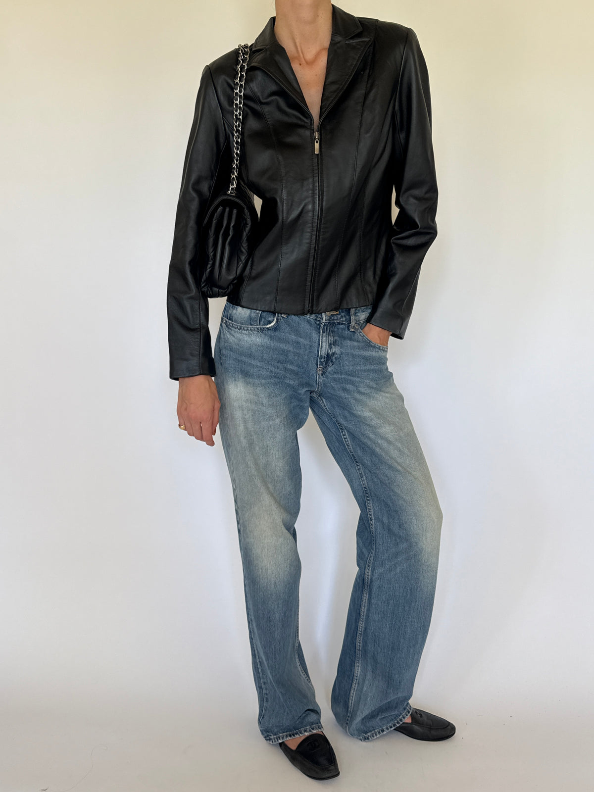 Vintage Leather Zip Jacket Black 7780