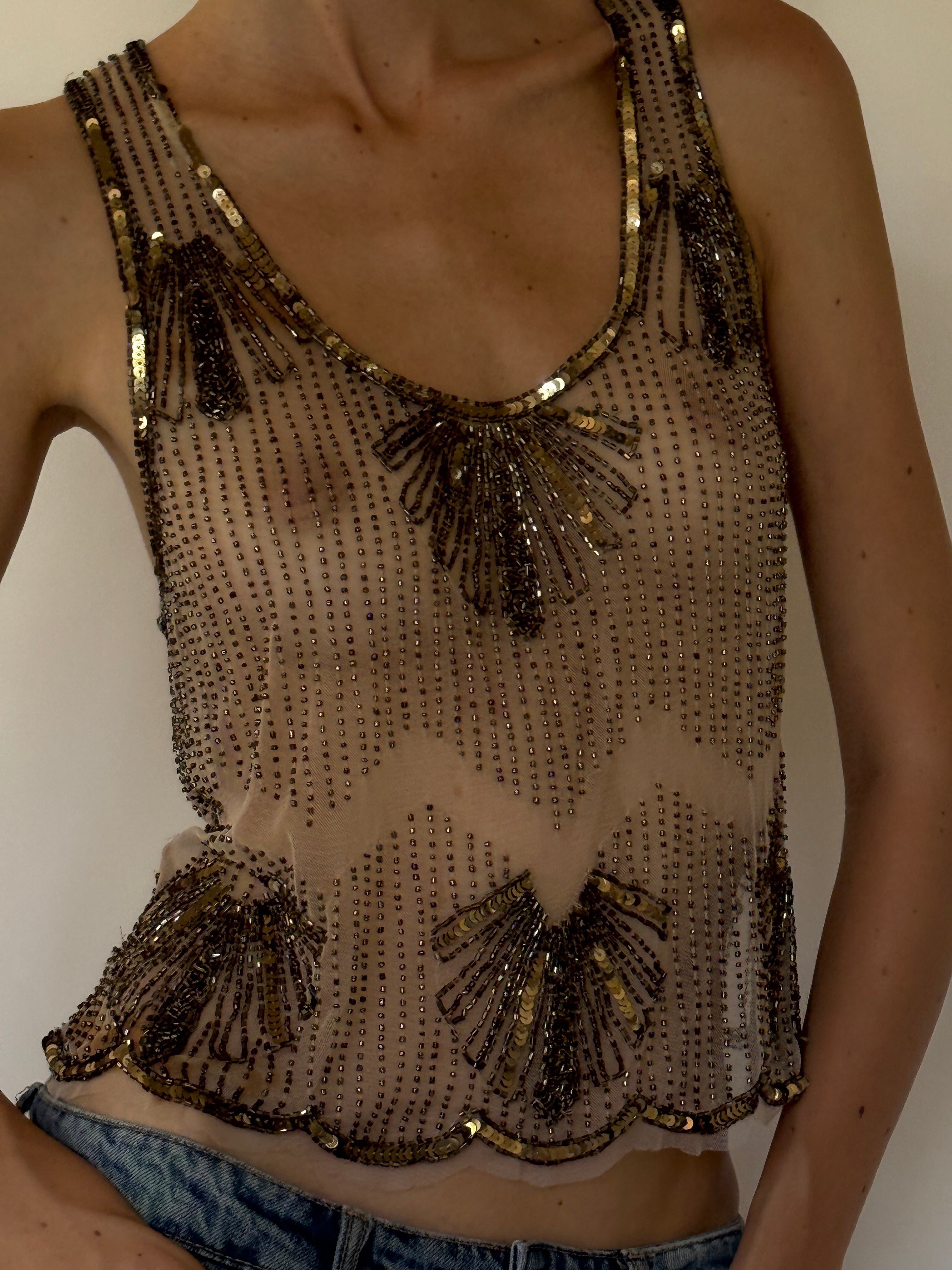 Vintage champagne beaded evening top front view