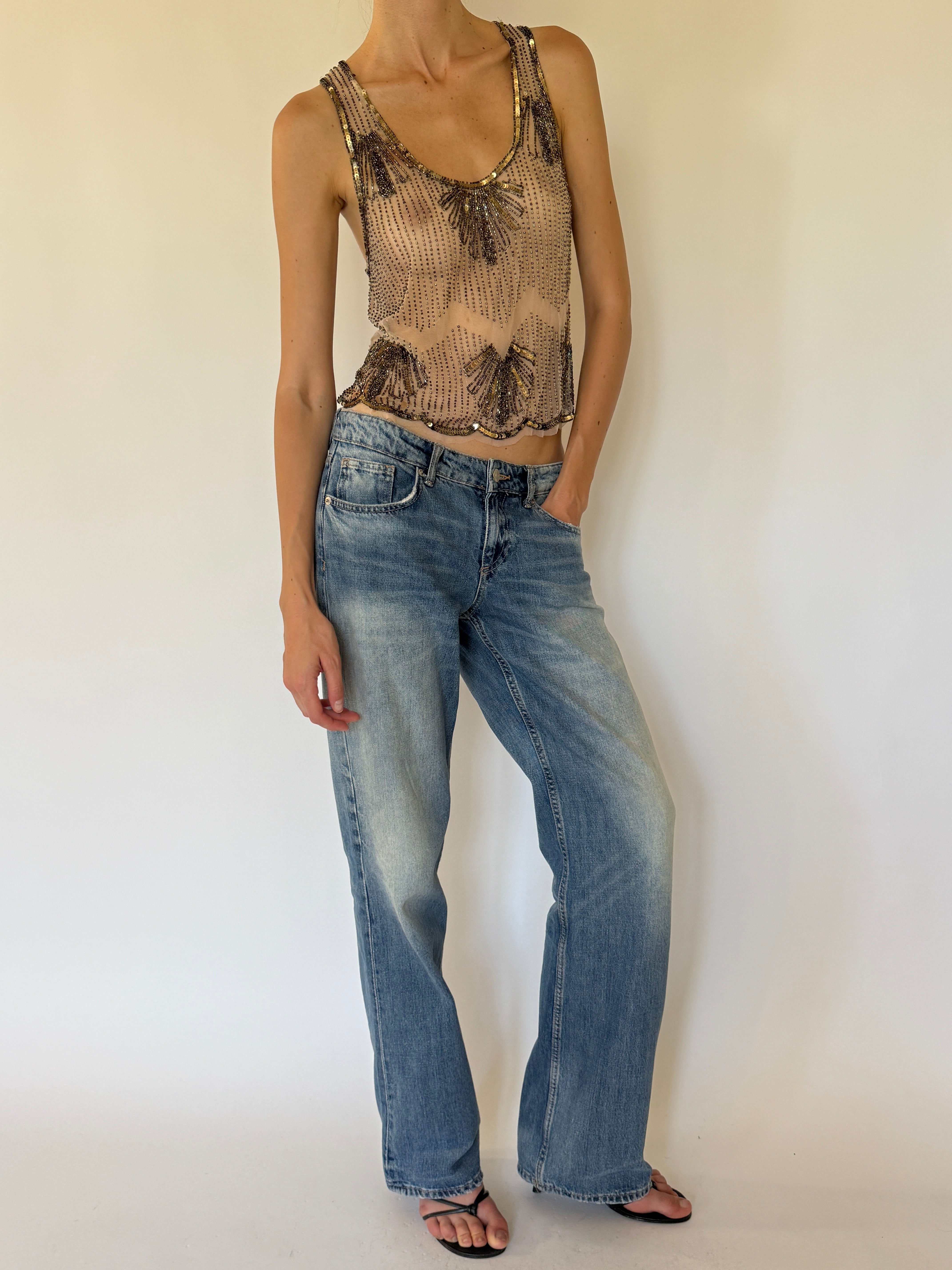 Vintage champagne beaded evening top front view