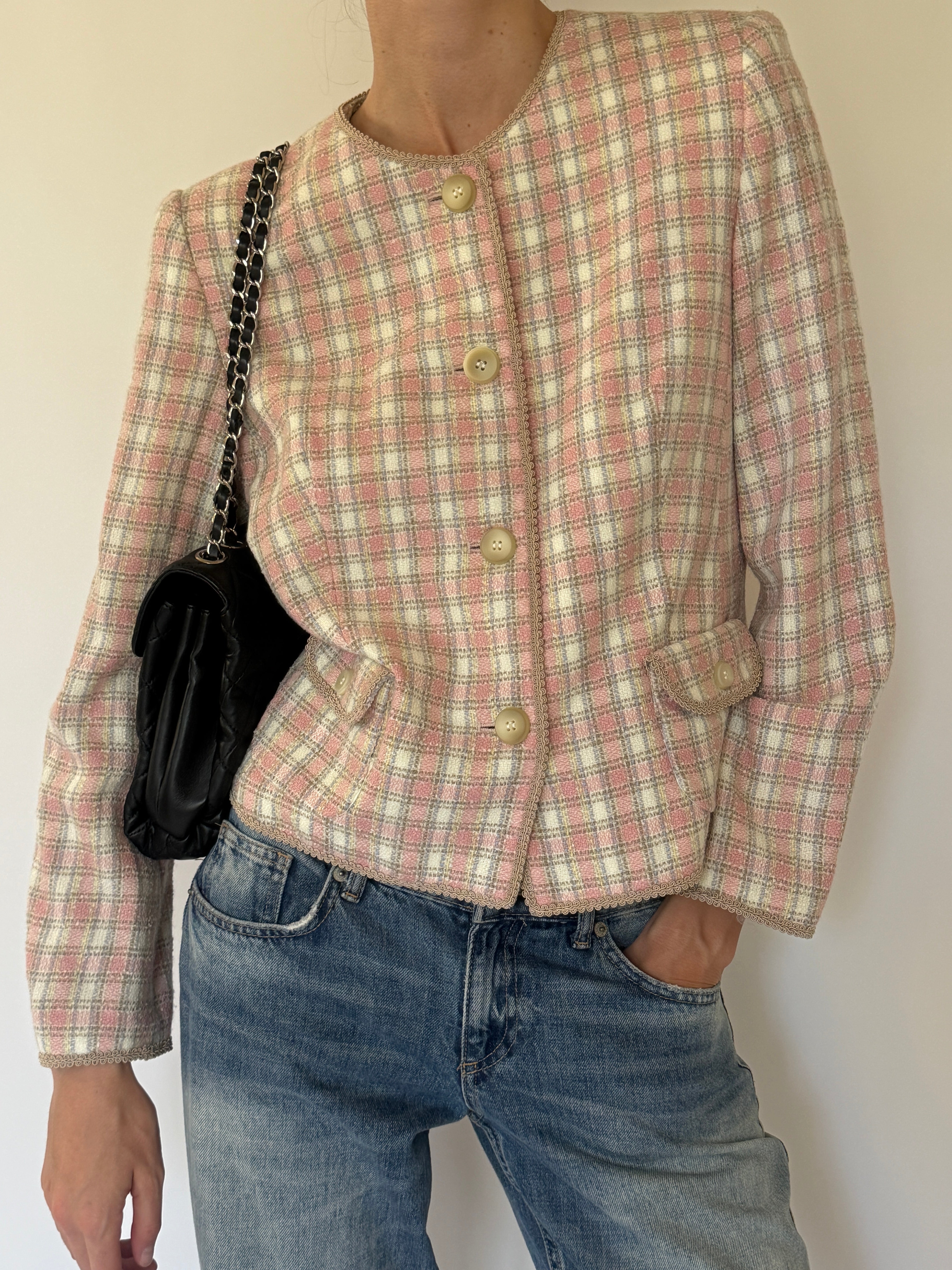 Vintage pink plaid tweed jacket front view