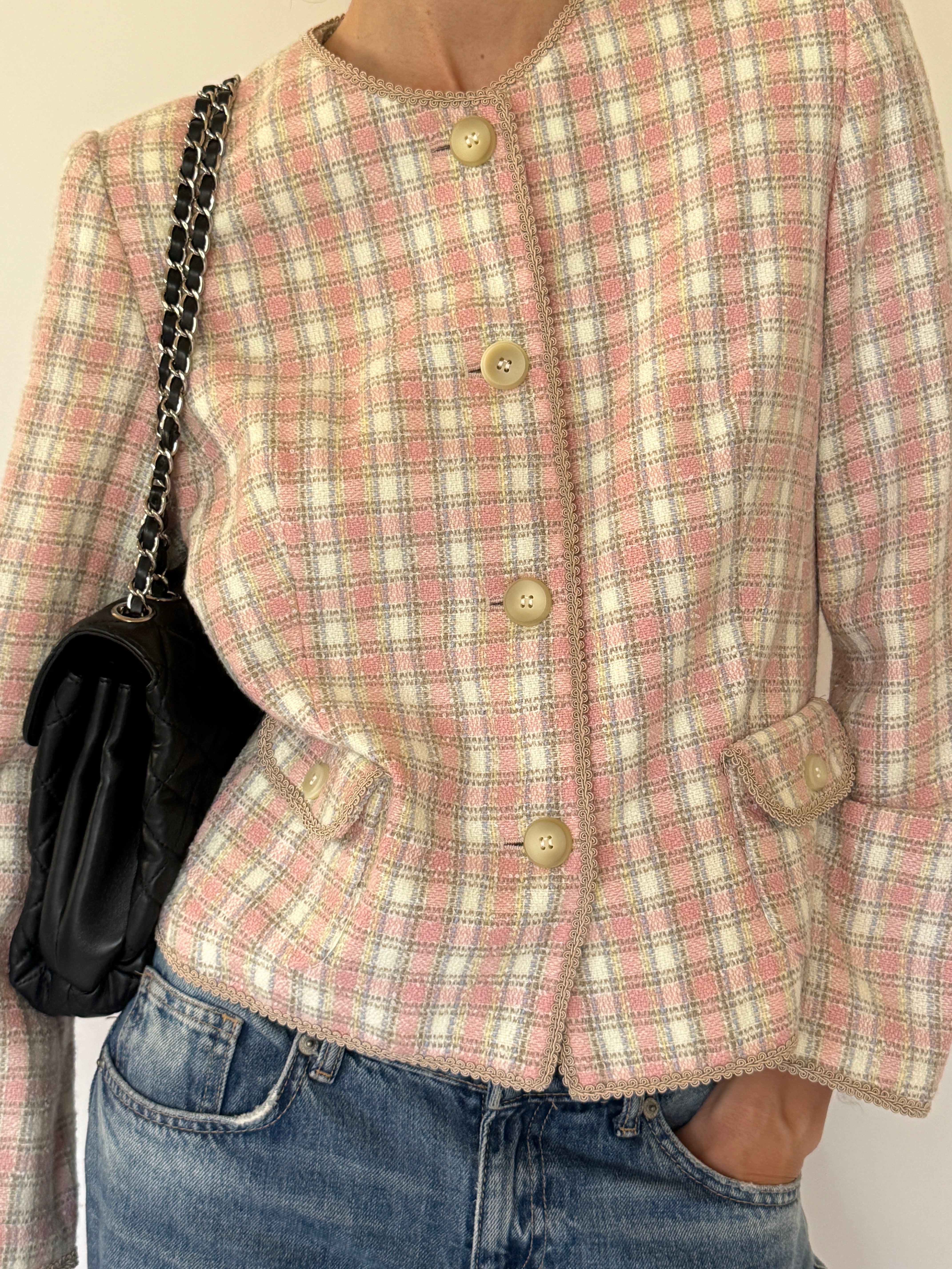 Vintage pink plaid tweed jacket front view