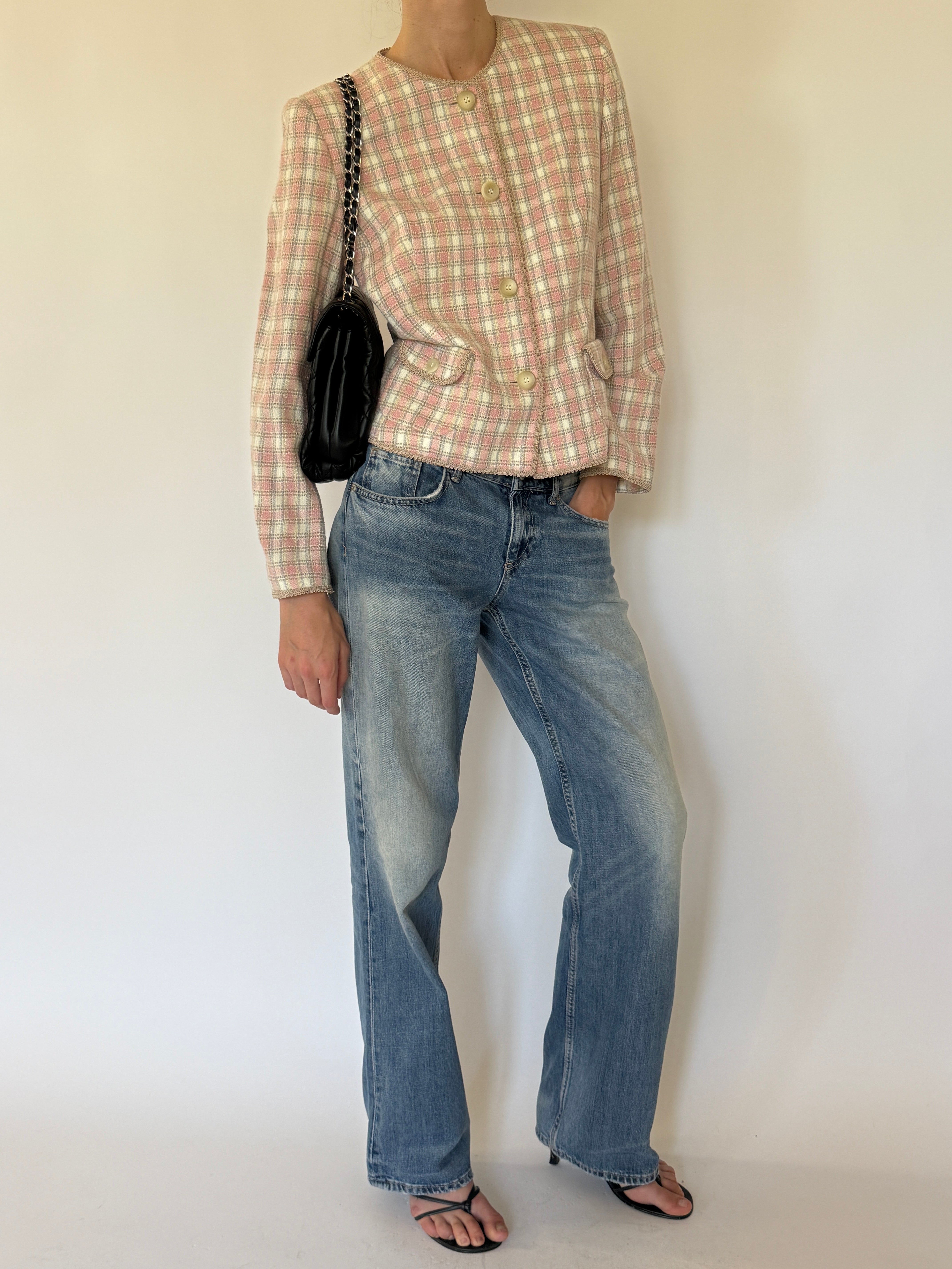 Vintage pink plaid tweed jacket side view