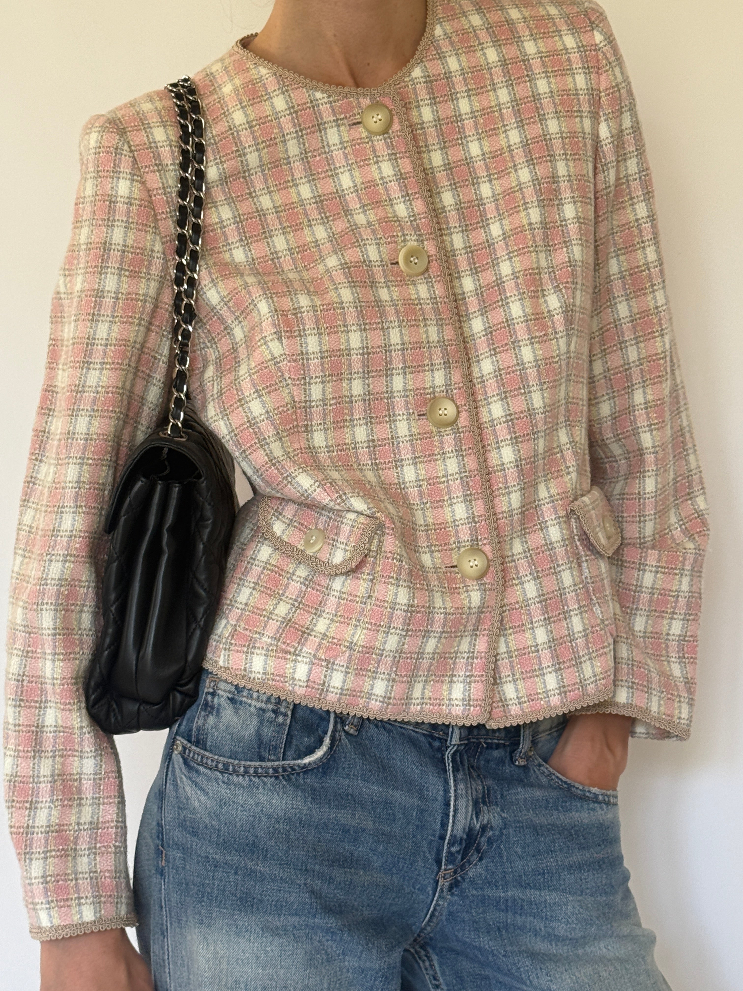 Vintage pink plaid tweed jacket front view