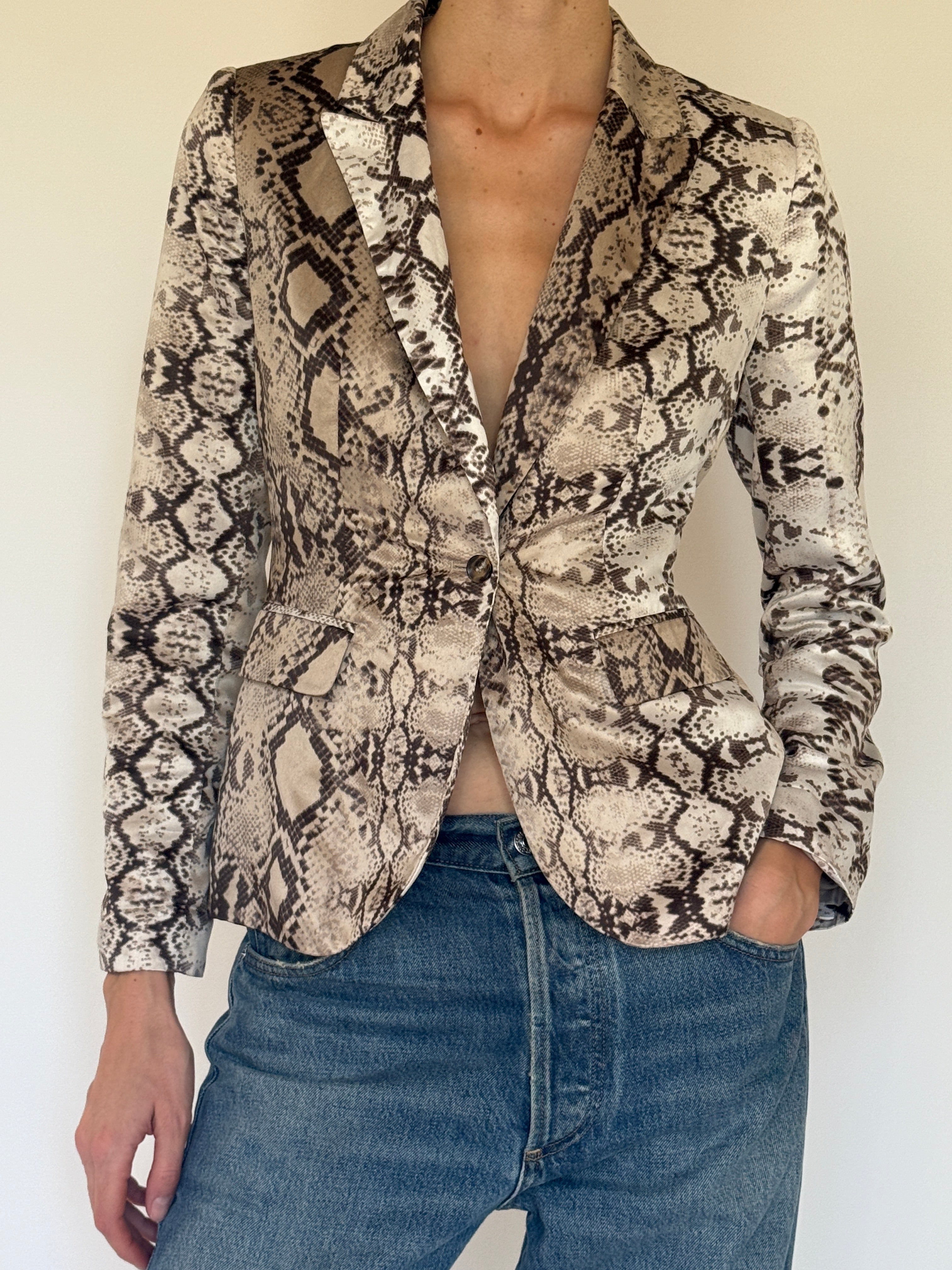 Vintage beige snake print tailored blazer front view