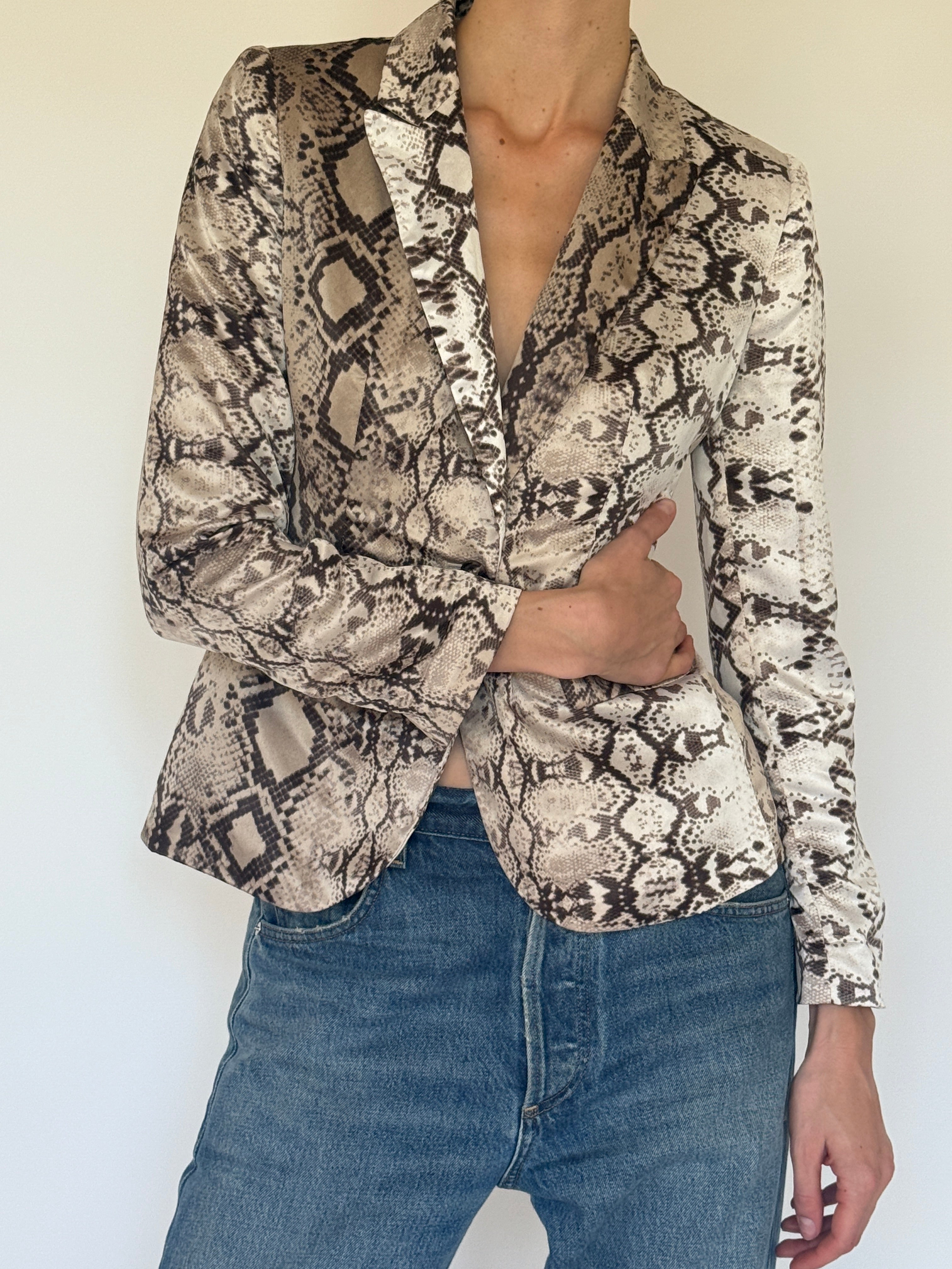 Vintage beige snake print tailored blazer front view