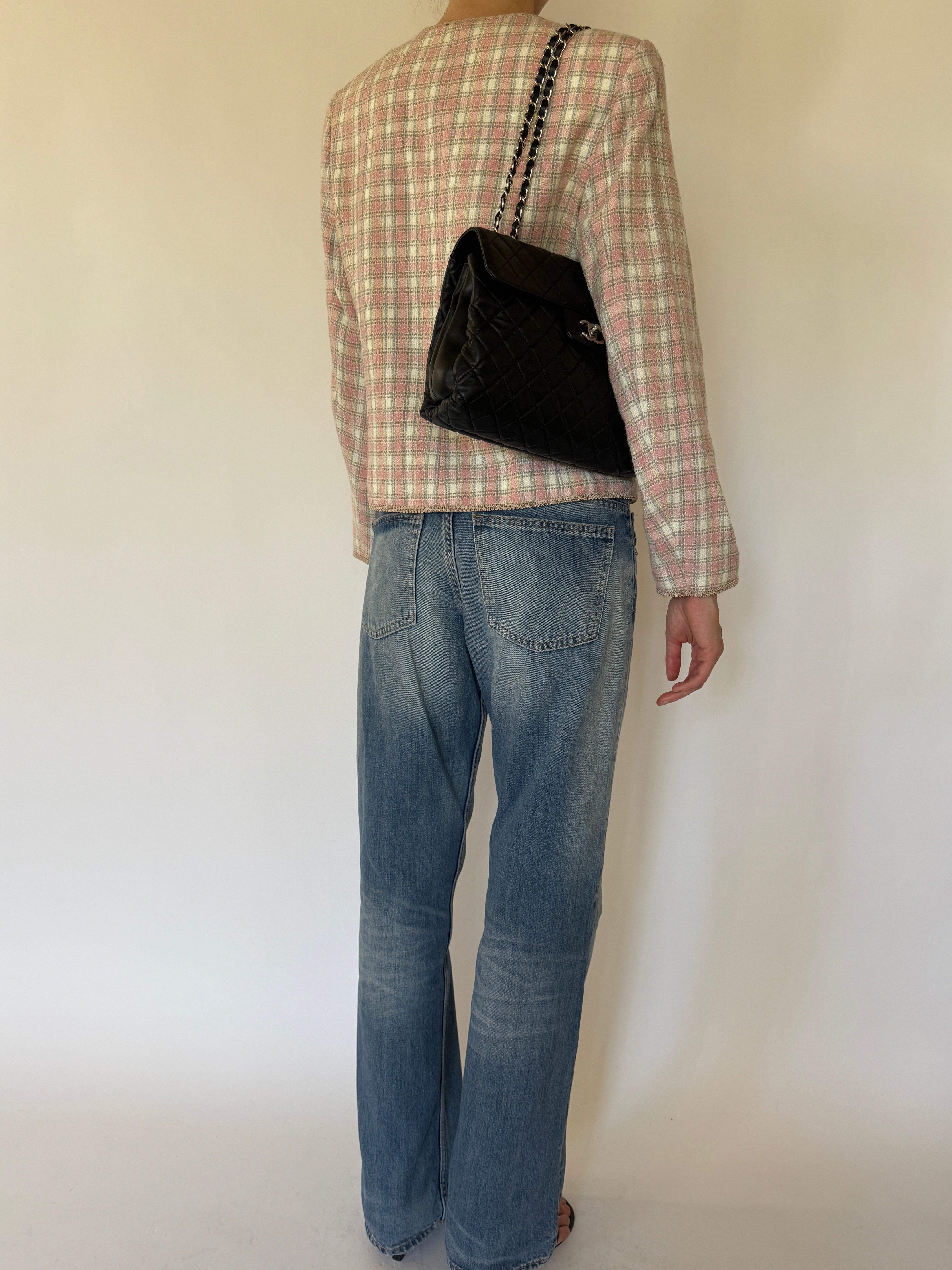 Vintage pink plaid tweed jacket back view