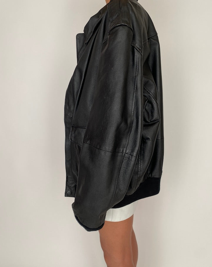 VINTAGE BOXY BLACK OVERSIZED LEATHER JACKET 2754