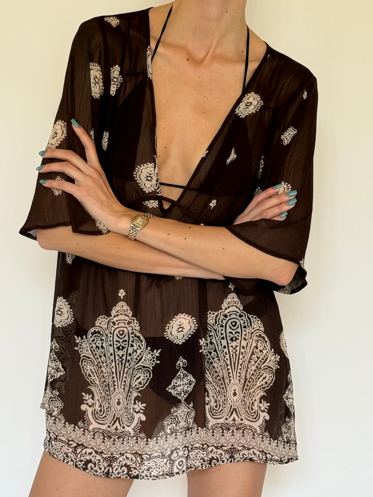 Vintage sheer brown cover-up close-up of neckline
