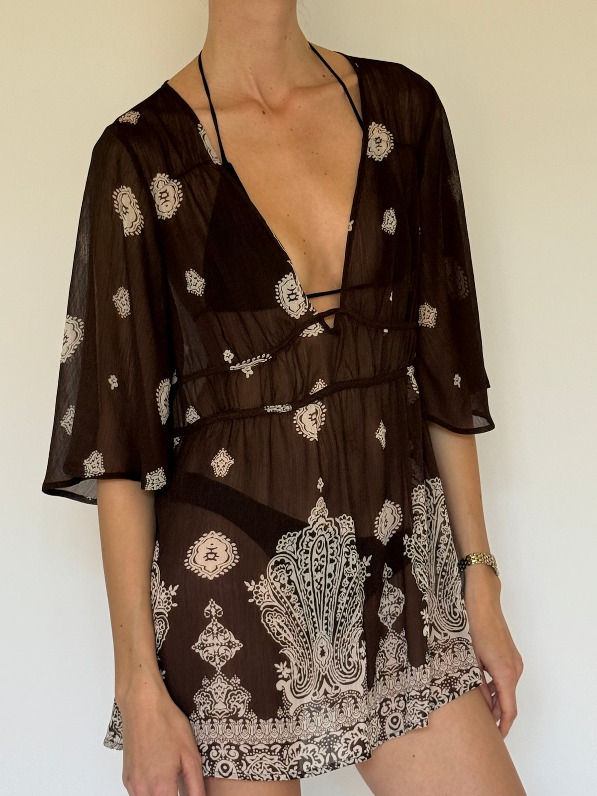 Vintage flowy brown swim cover-up side view