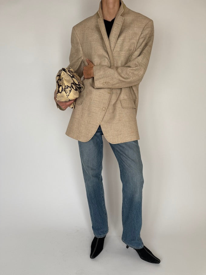 Vintage Oversized Checked Single-Breasted Blazer Beige