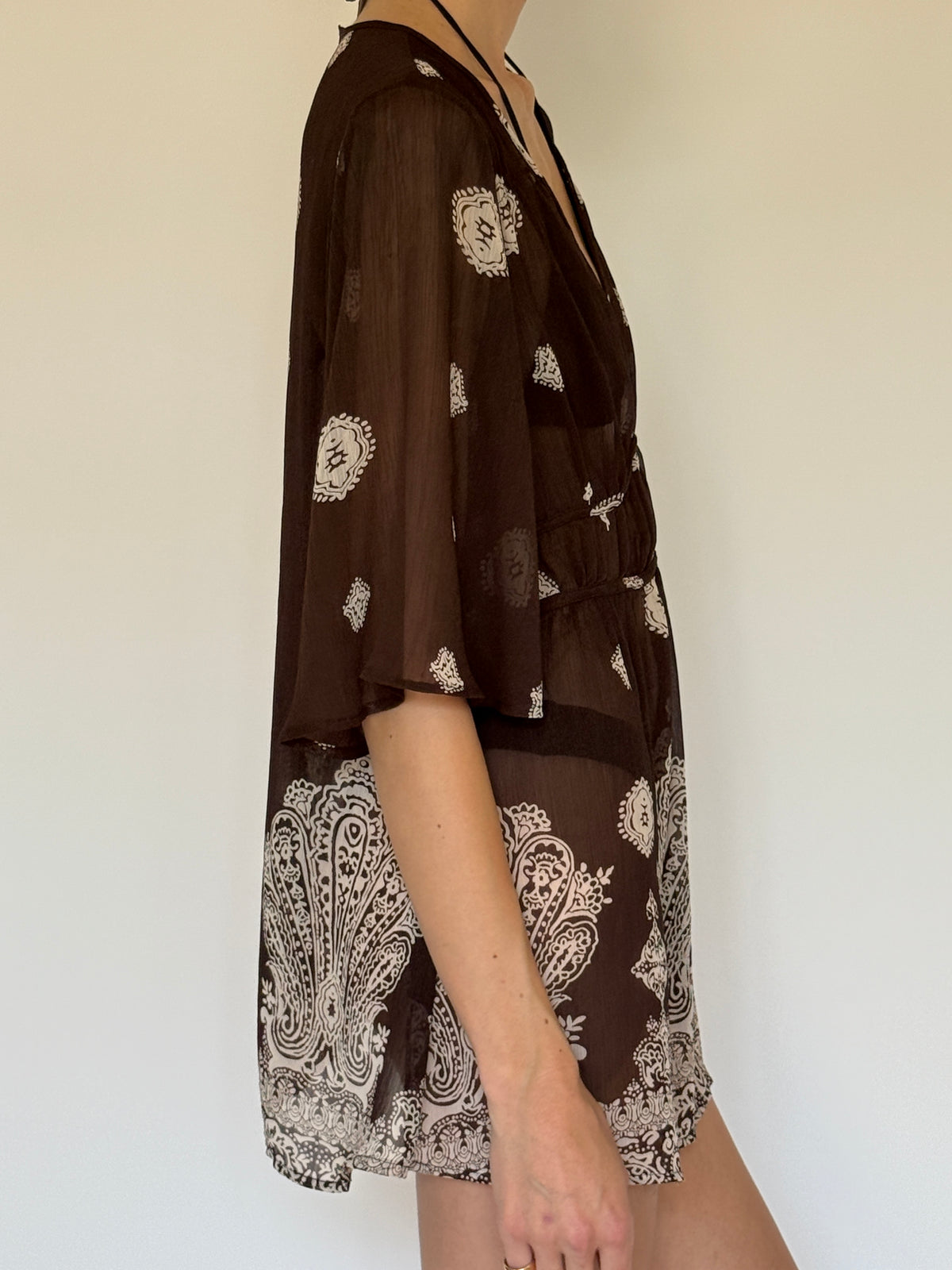 Vintage flowy brown swim cover-up side view