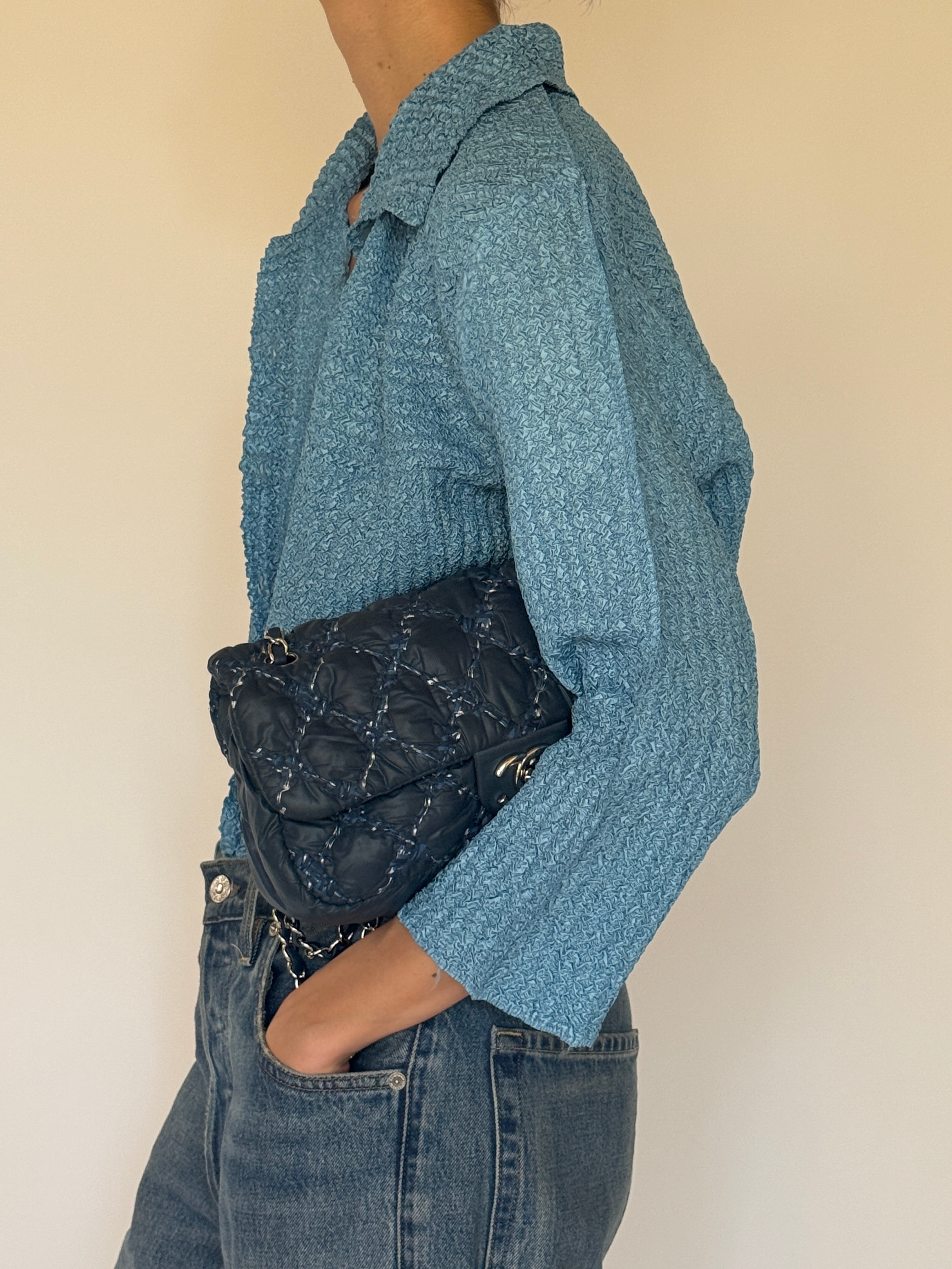 Vintage dusty blue textured shirt side view