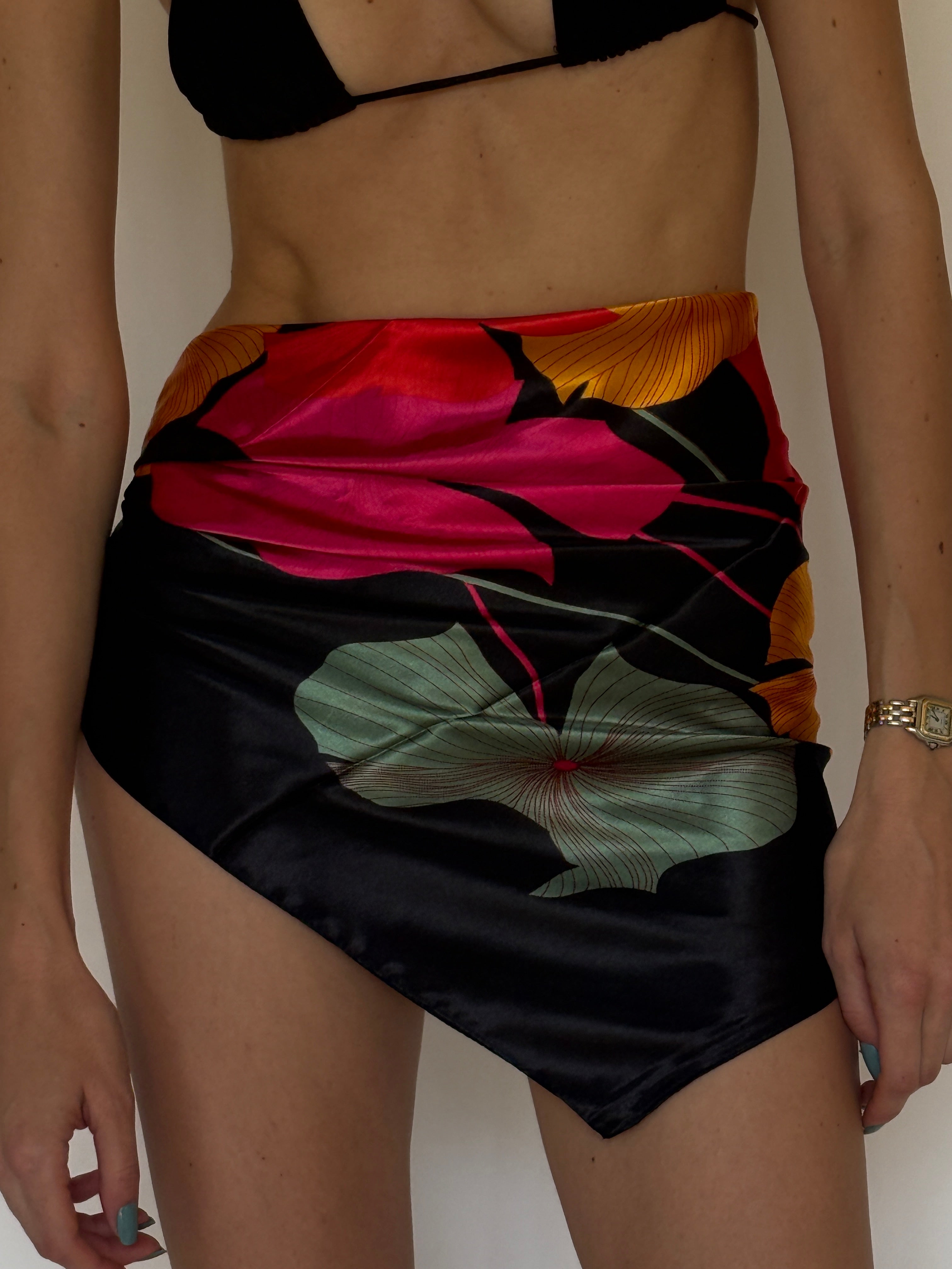 Vintage floral sarong tied as a beach cover-up