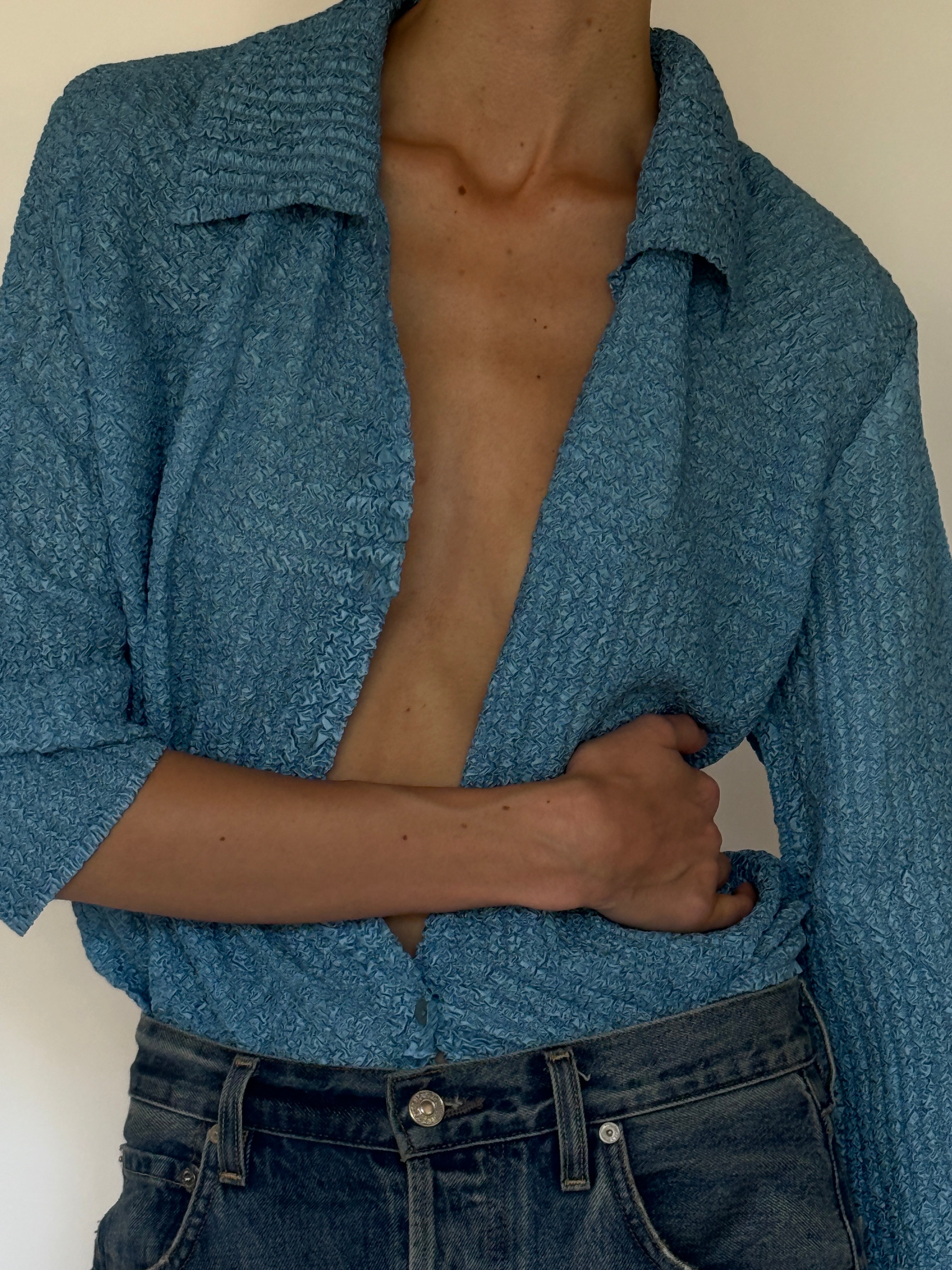 Vintage dusty blue shirt button detail