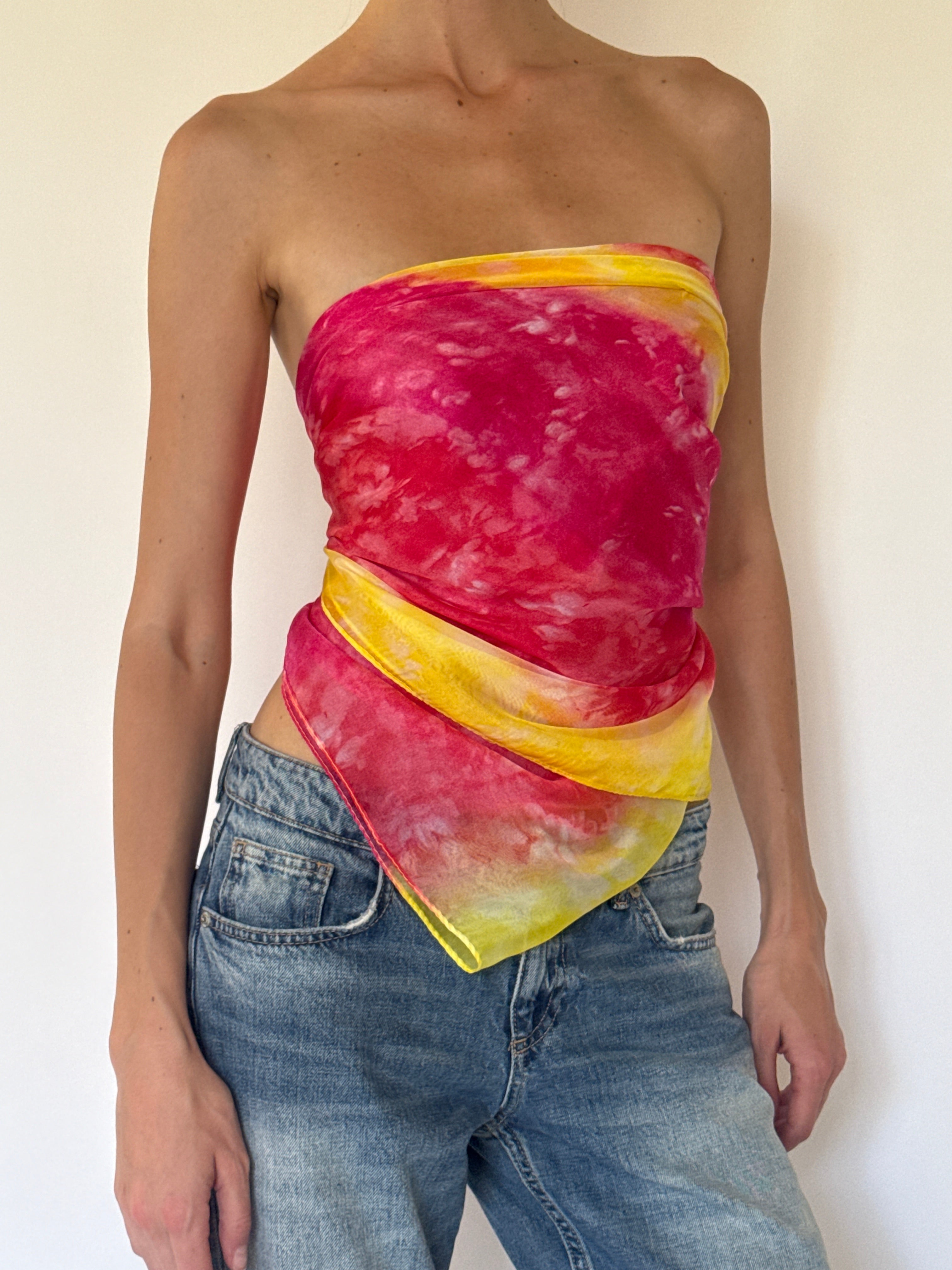 Vintage sarong tied as a top pink & yellow 6284