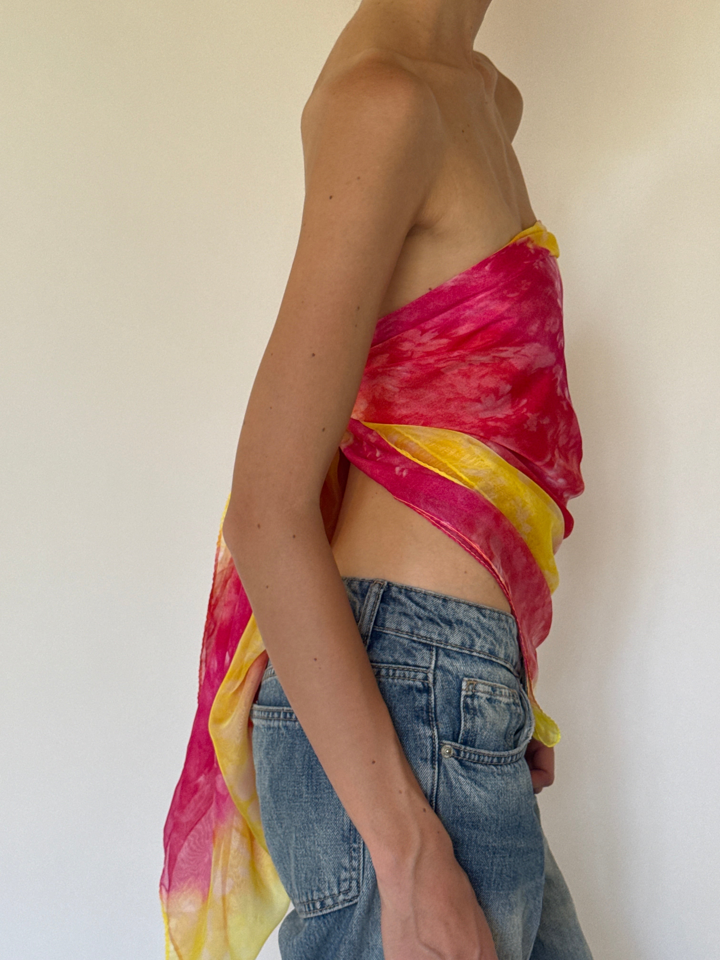 Vintage sarong tied as a top pink & yellow 6284
