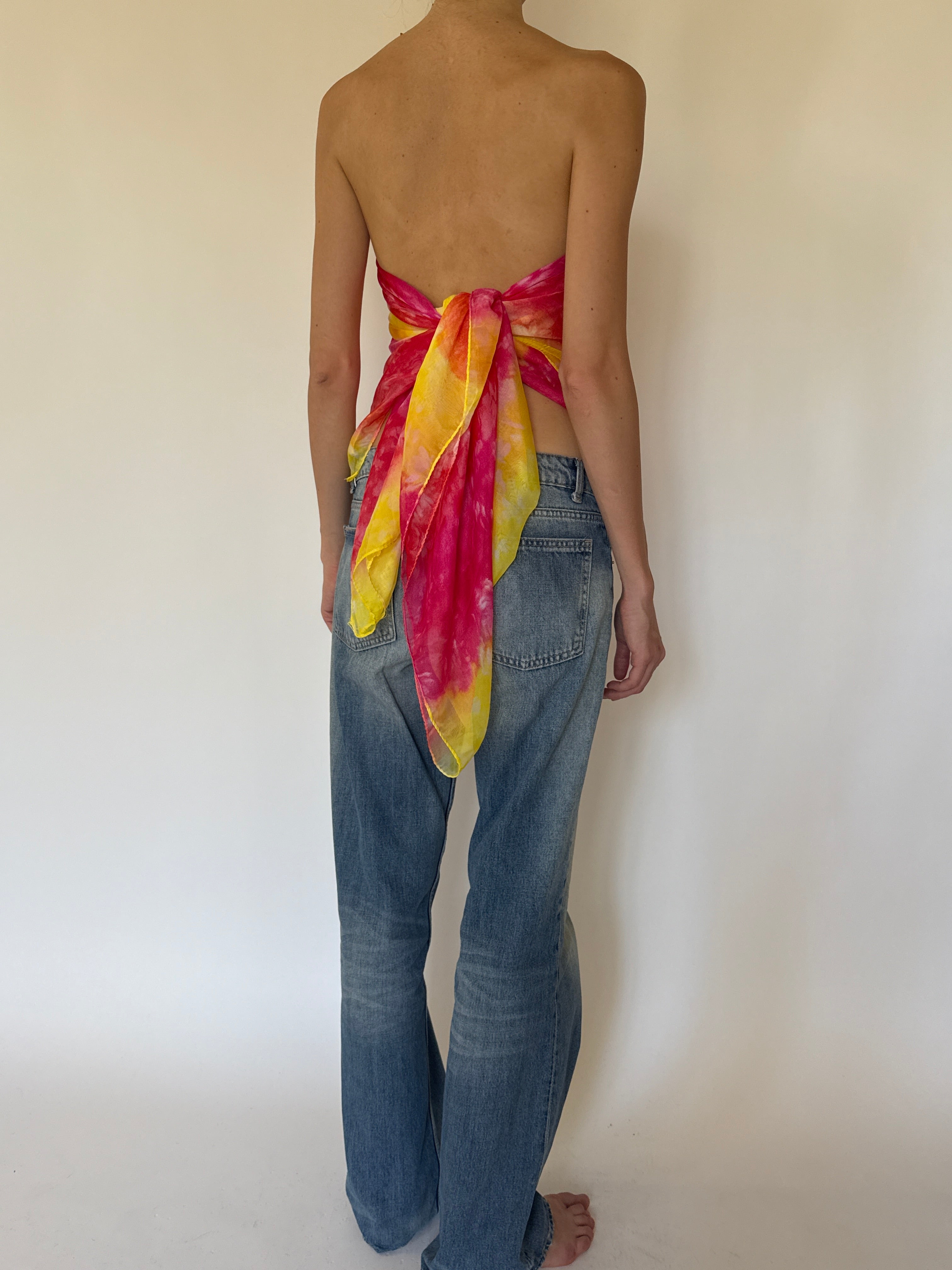 Vintage sarong tied as a top pink & yellow 6284