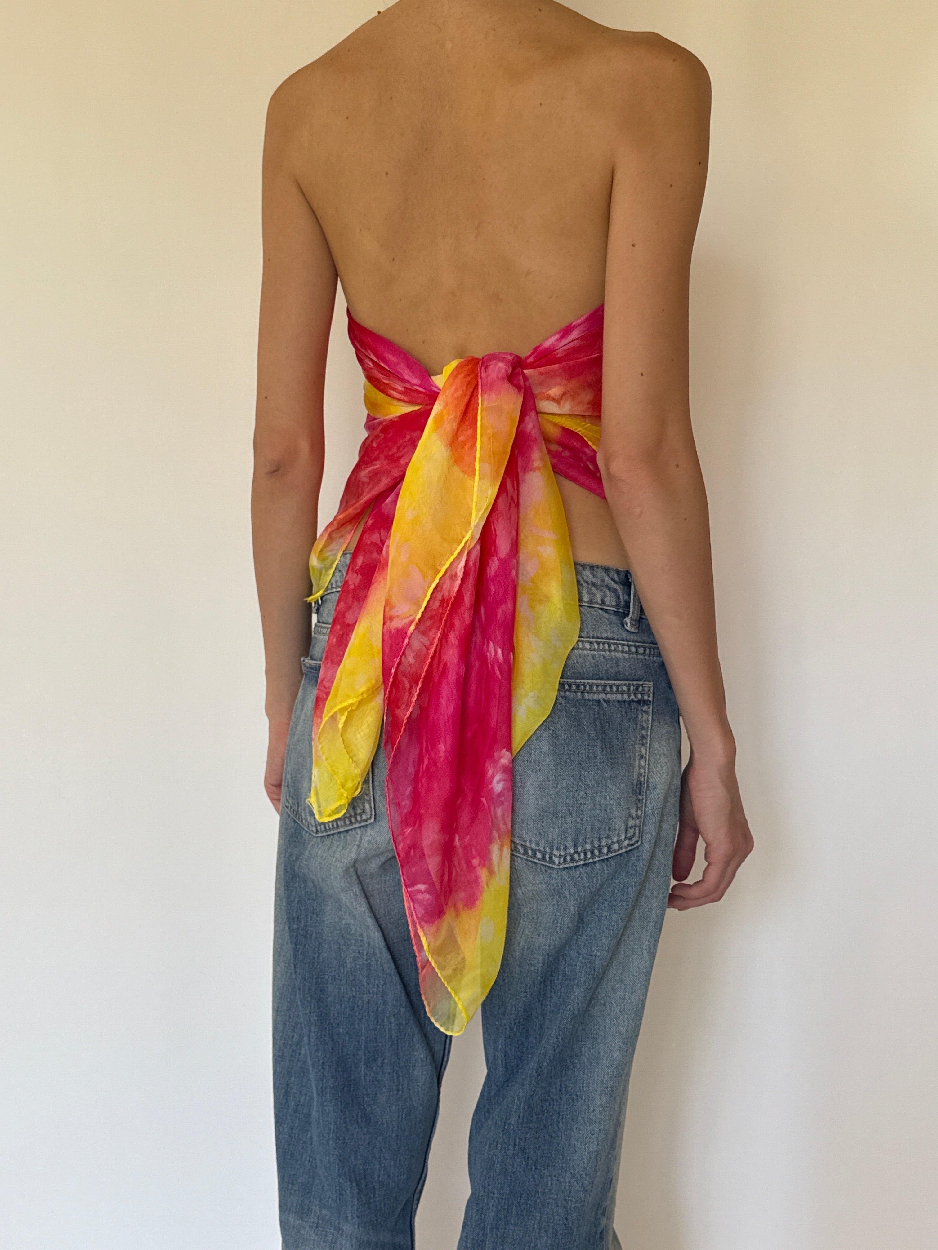 Vintage sarong tied as a top pink & yellow 6284