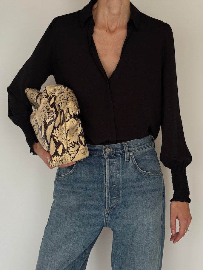 Vintage Black Button-Up Blouse with Smocked Cuffs