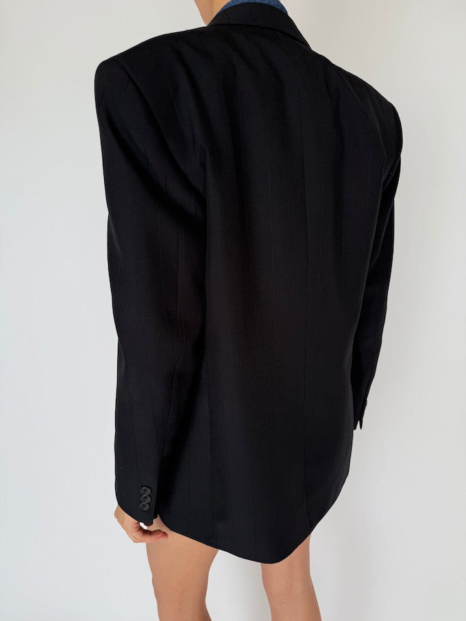 Vintage Double-Breasted Striped Blazer Black 5986