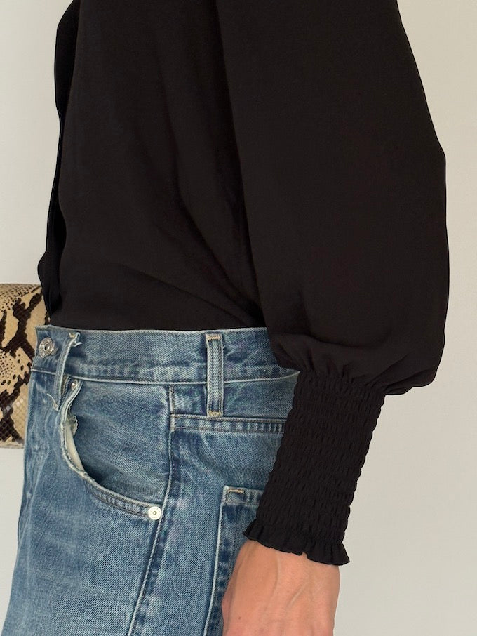 Vintage Black Button-Up Blouse with Smocked Cuffs