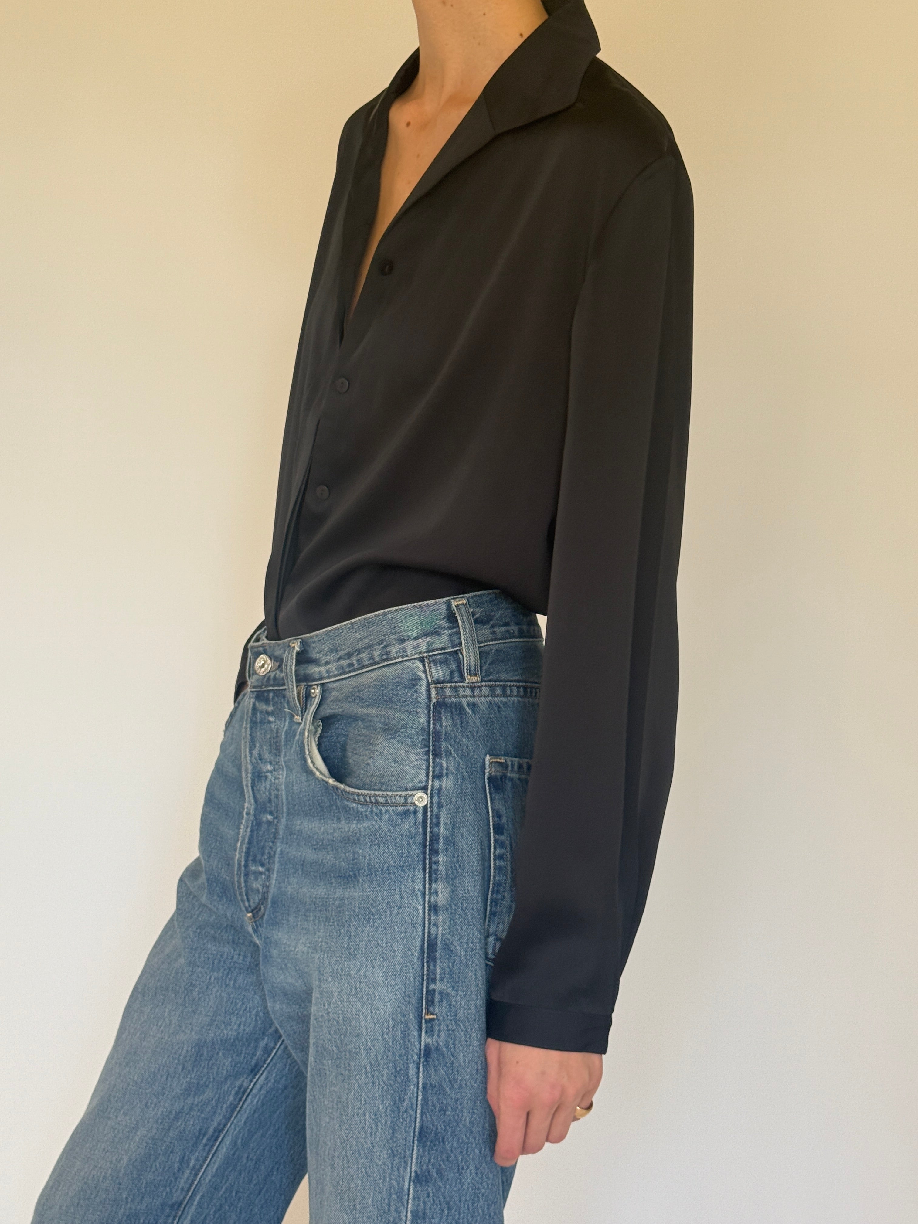 Vintage black fluid blouse angled front view