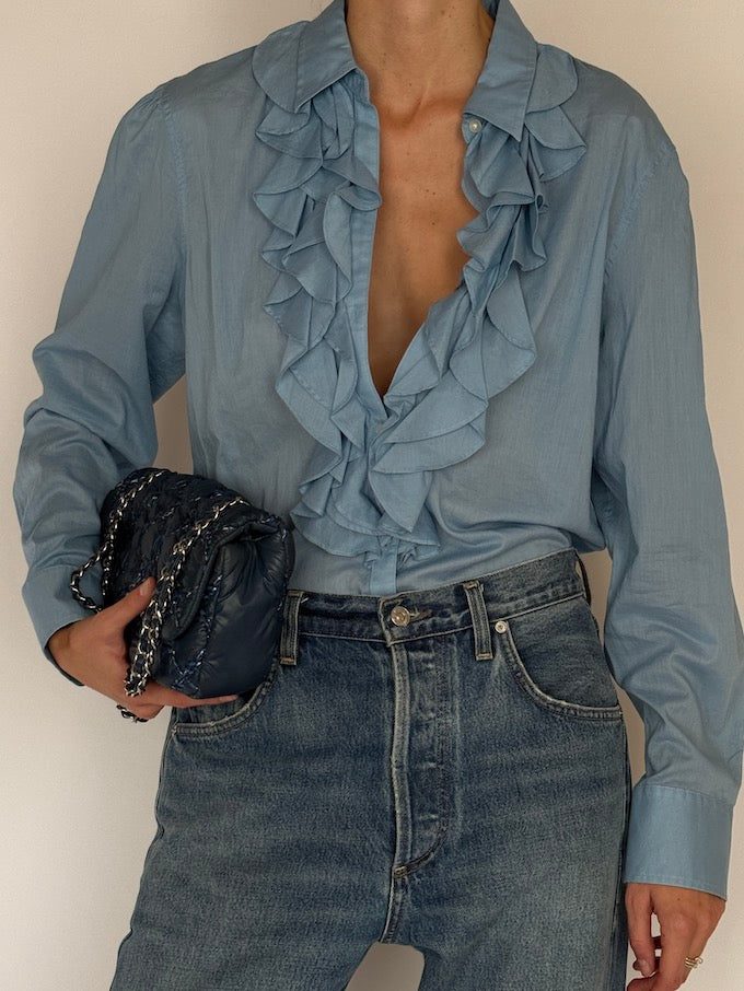 Vintage Ralph Lauren Ruffled Blue Cotton Blouse 6573