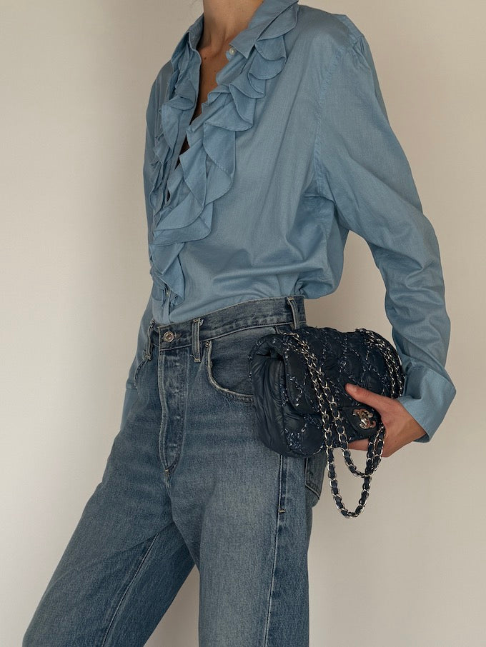 Vintage Ralph Lauren Ruffled Blue Cotton Blouse 6573