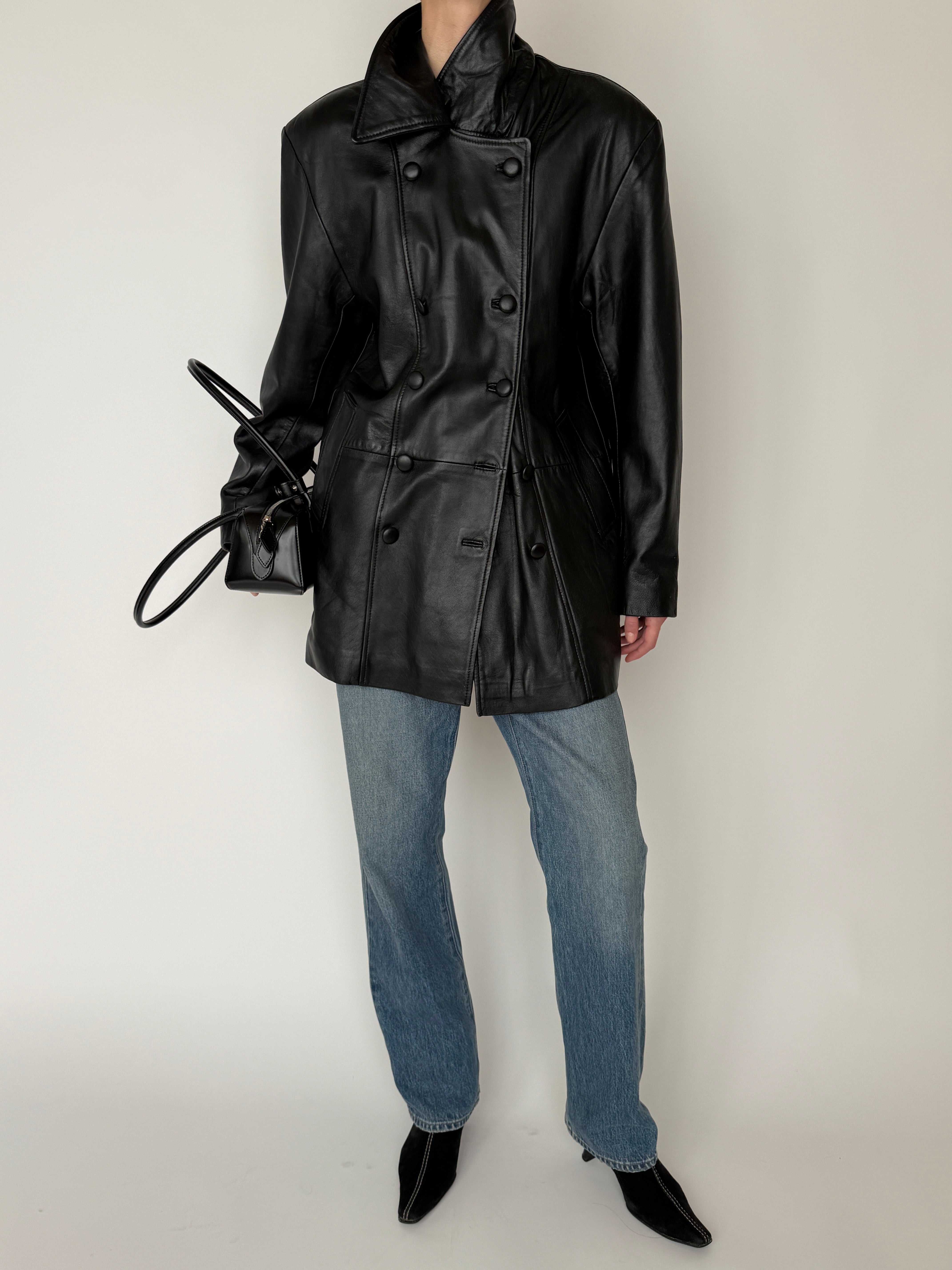 Vintage Double-Breasted Leather Jacket Black 5725