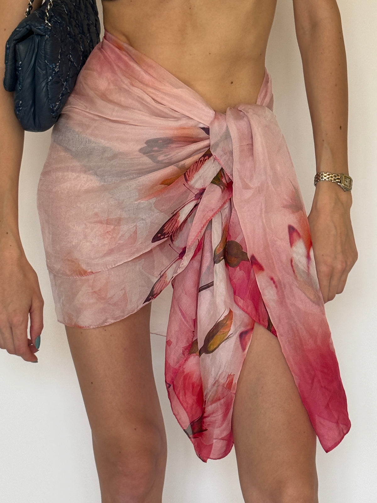 Vintage floral swim sarong worn over bikini