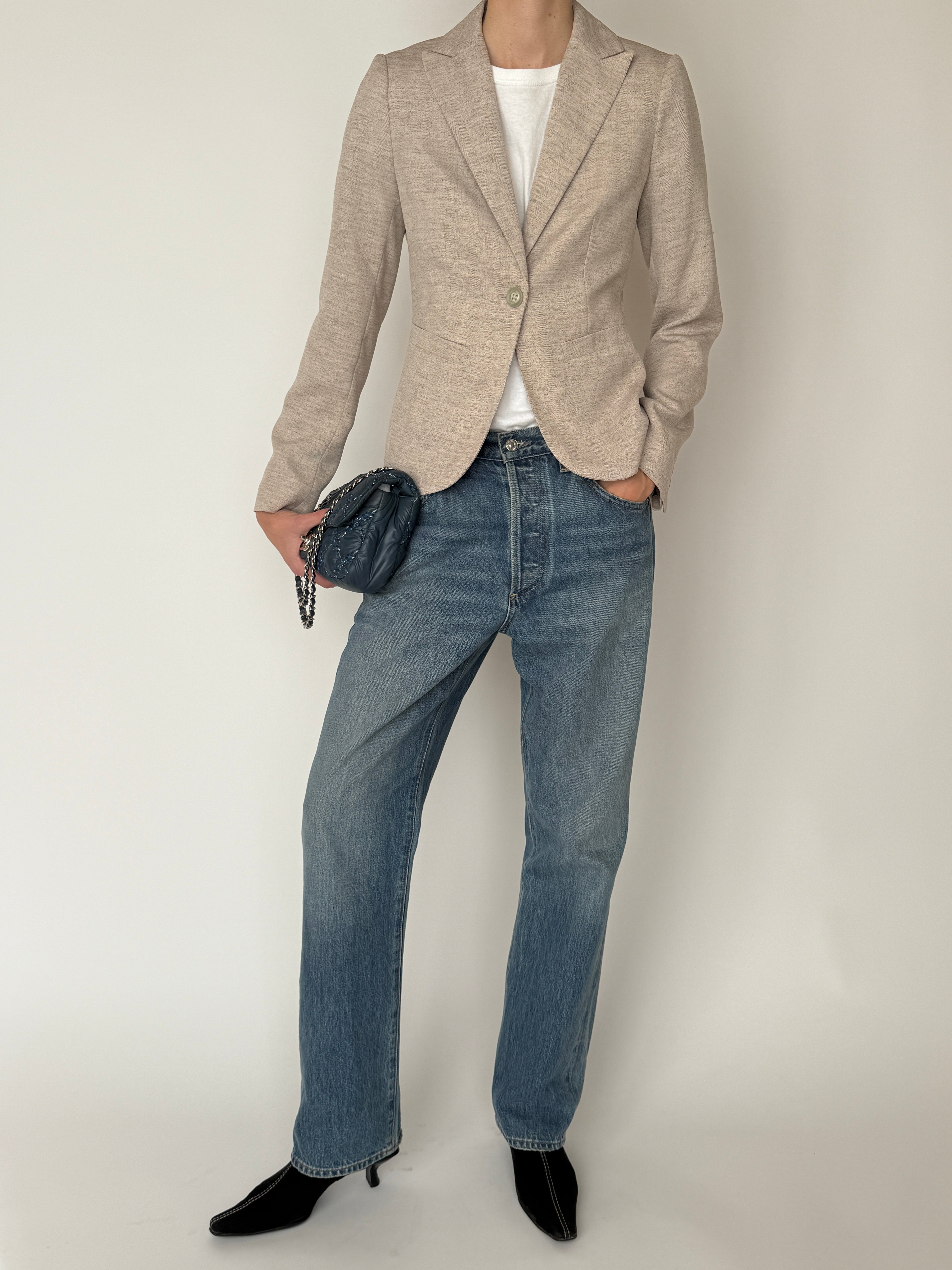 Vintage beige textured single button blazer front view