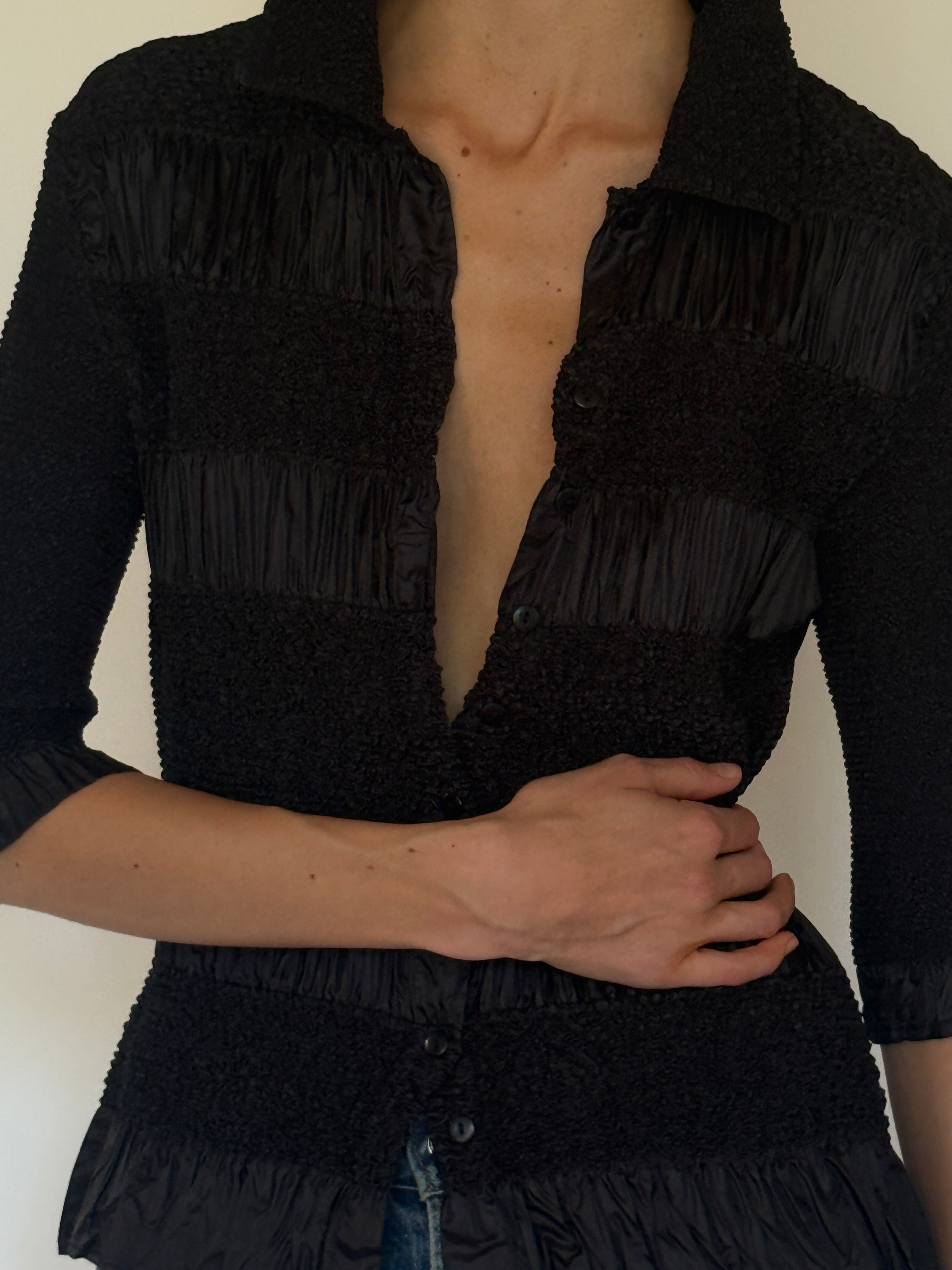 Vintage black textured popcorn button-up top front view