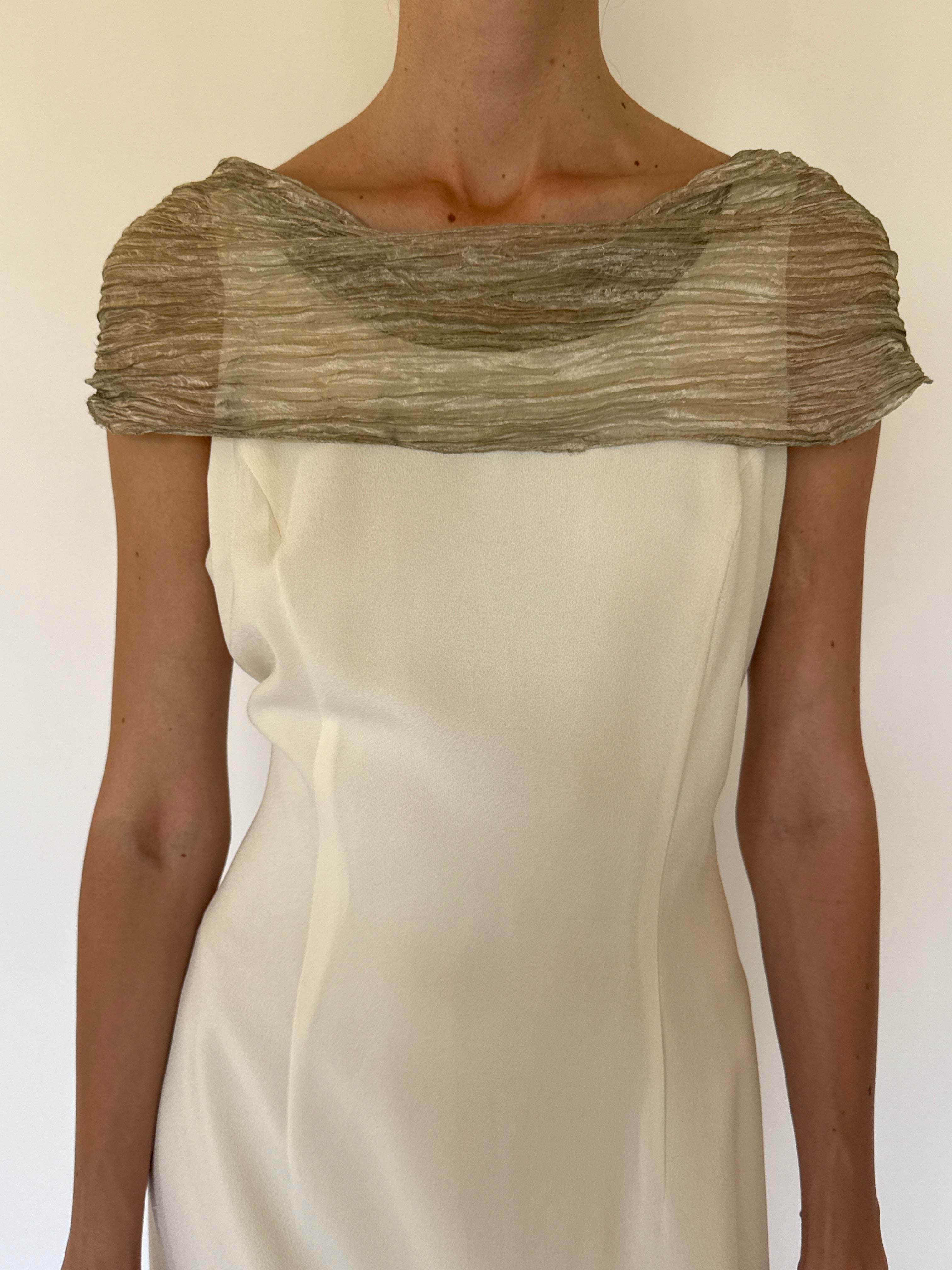 Vintage sheer crinkled champagne overlay close-up