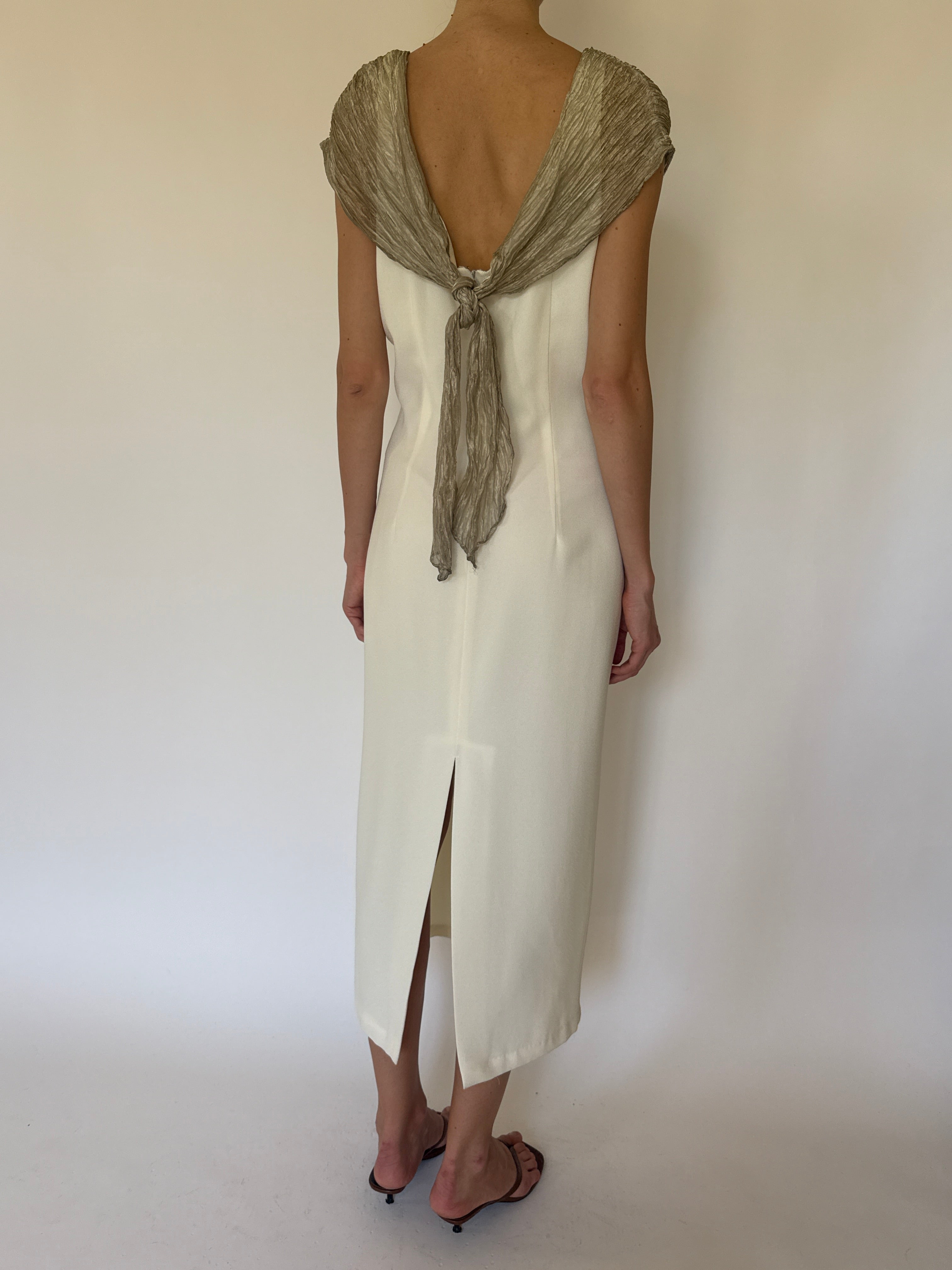 Vintage ivory midi dress back view with open tie detail
