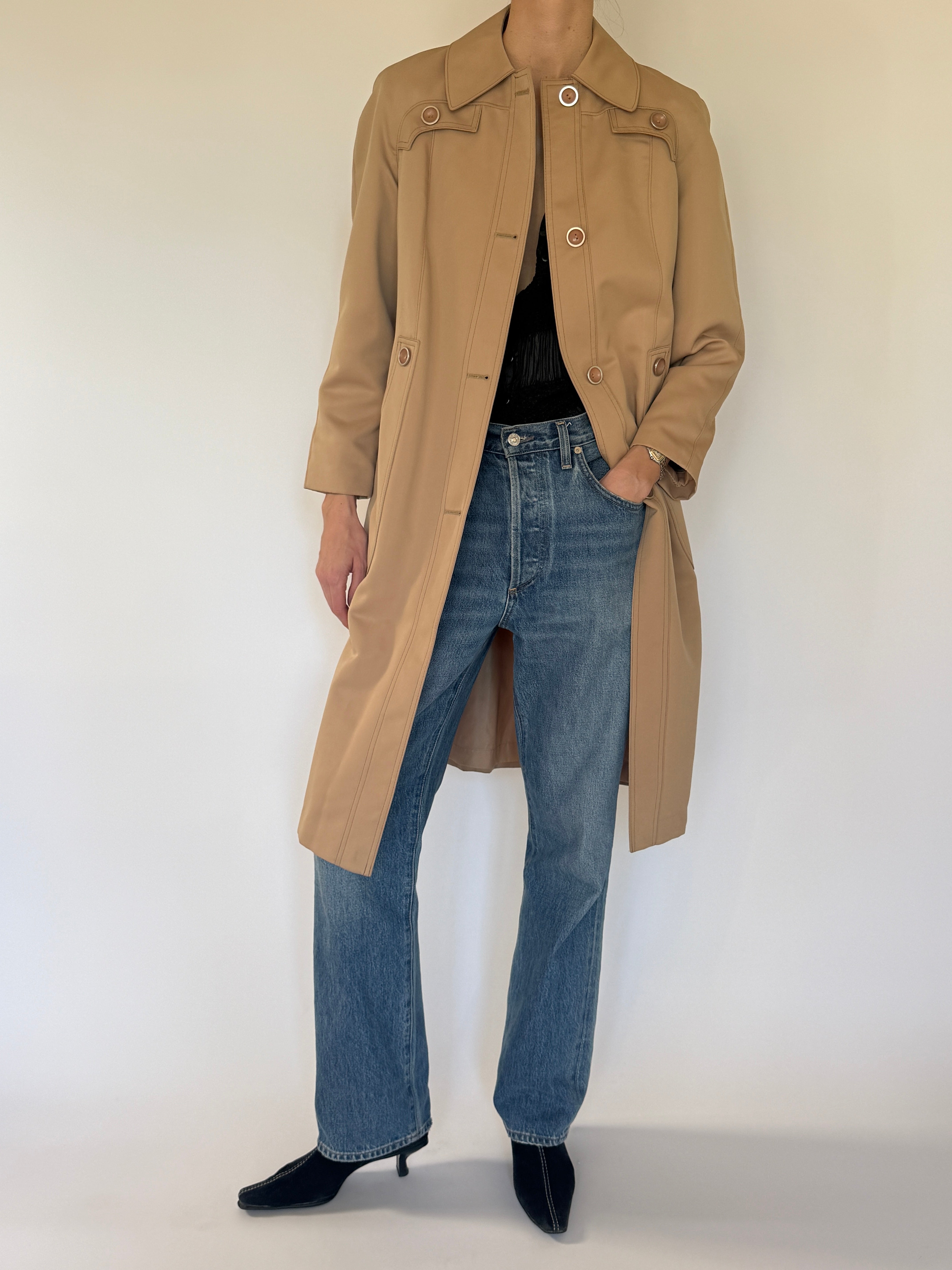 Vintage camel mid-length coat front view